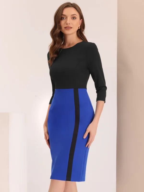 Pencil Round Neck 3/4 Sleeve Contrast Office Sheath Dress sold by Allegra K