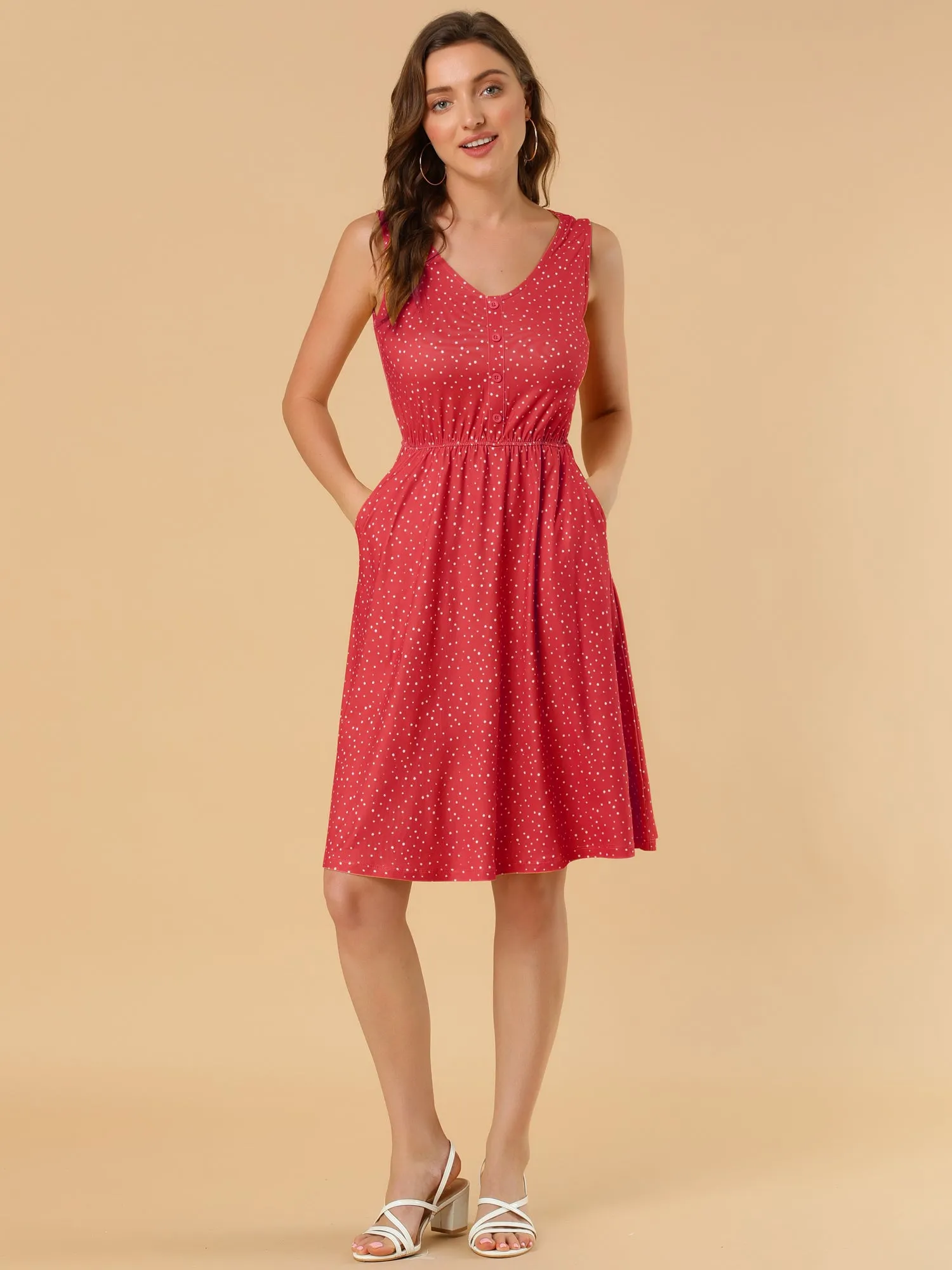 Polka Dots Sleeveless Dress Elastic Waist Midi Sundress with Pockets sold by Allegra K product image thumbnail 3