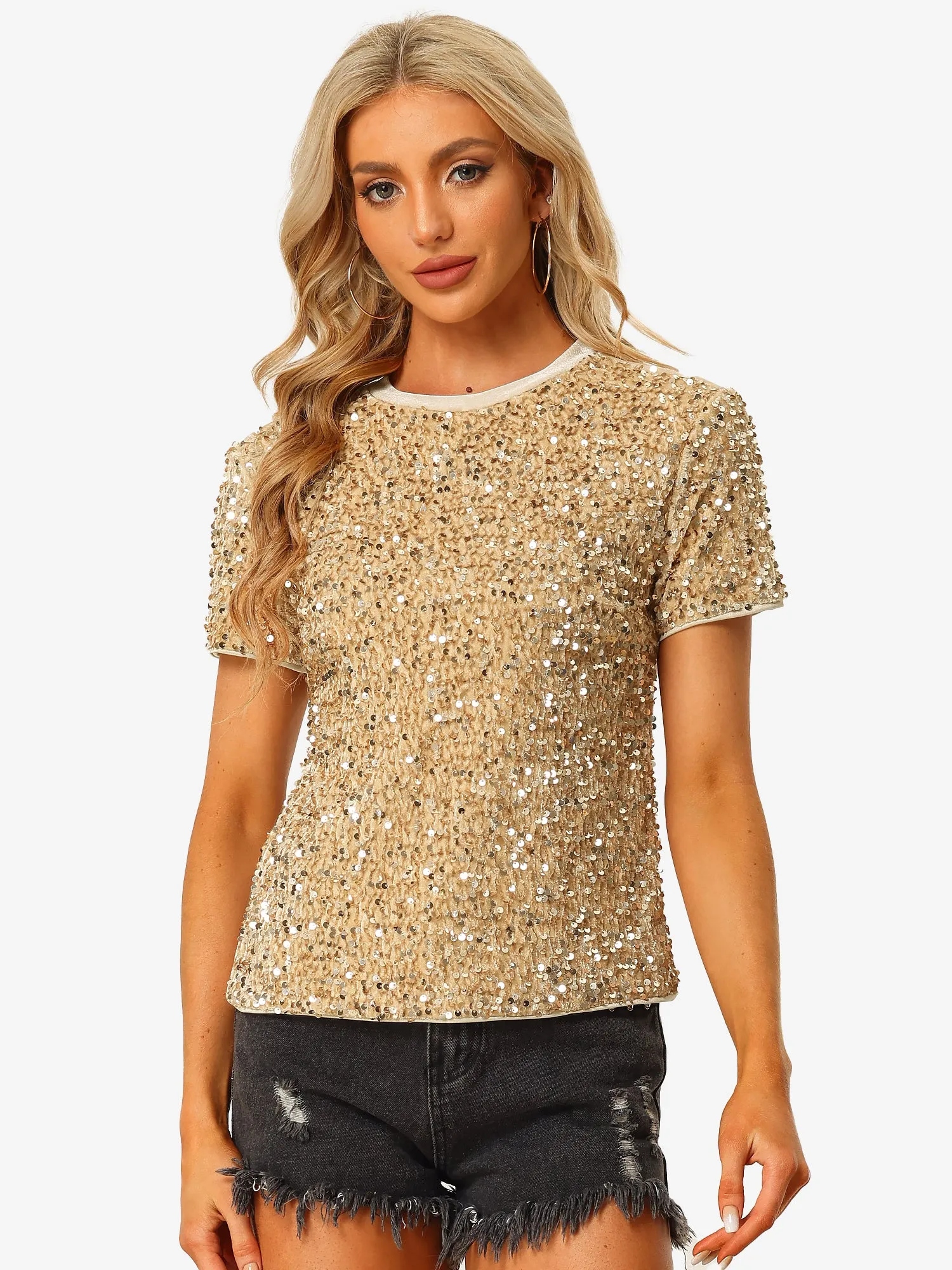Glitter Sequin Velvet Crew Neck Short Sleeve Party Clubwear Blouse sold by Allegra K