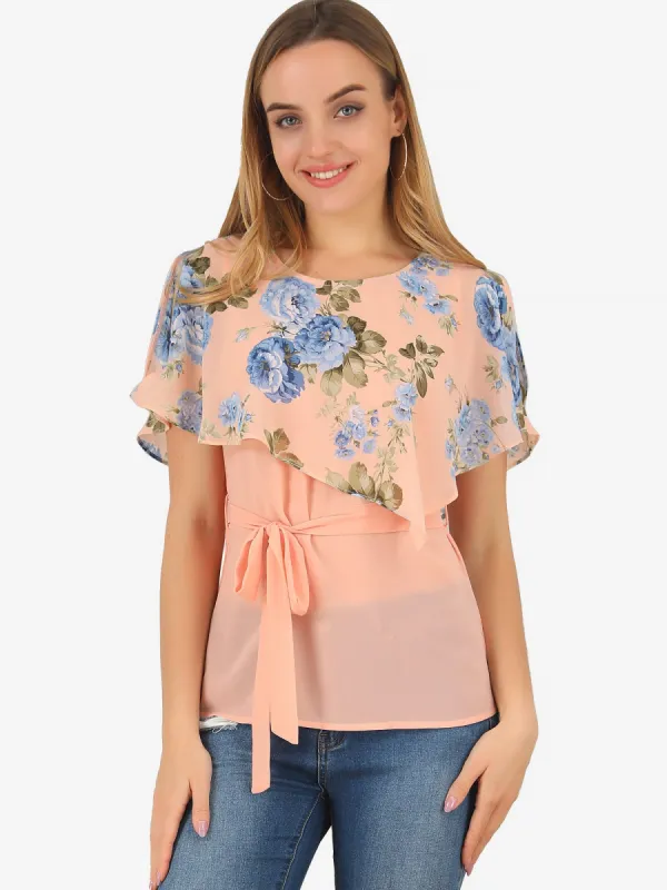 Chiffon Belted Summer Layered Floral Blouse sold by Allegra K