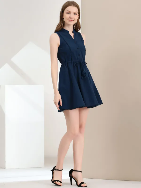 Sleeveless Cotton Lace Trim Drawstring Waist Swing A-line Dress sold by Allegra K