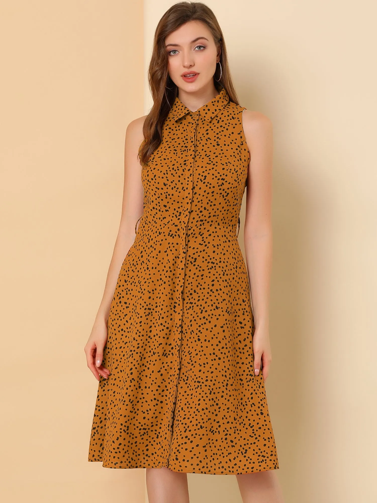Sleeveless Polka Dots Midi Shirt Dress sold by Allegra K product image thumbnail 2