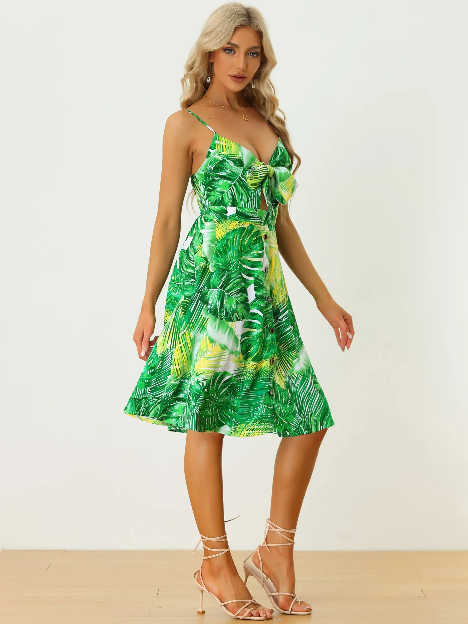 Tie Knot Tropical Print Twist Front Sleeveless Midi Cami Dress Sundress sold by Allegra K