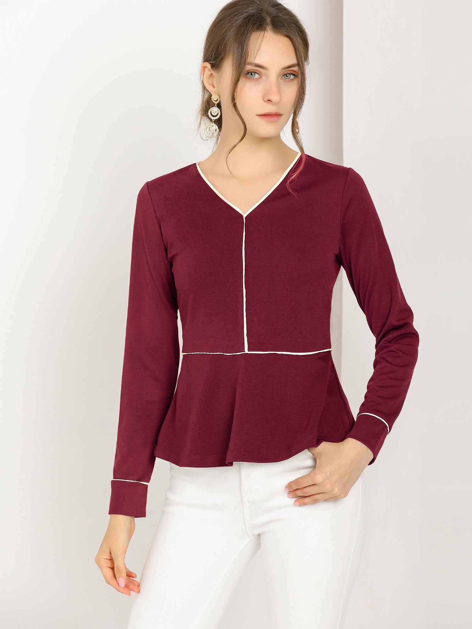 V Neck Long Sleeve Ruffle Hem Peplum Blouse Top sold by Allegra K product image thumbnail 4