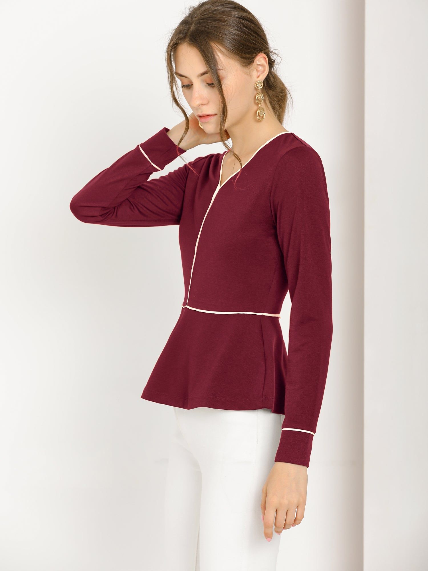 V Neck Long Sleeve Ruffle Hem Peplum Blouse Top sold by Allegra K product image thumbnail 3