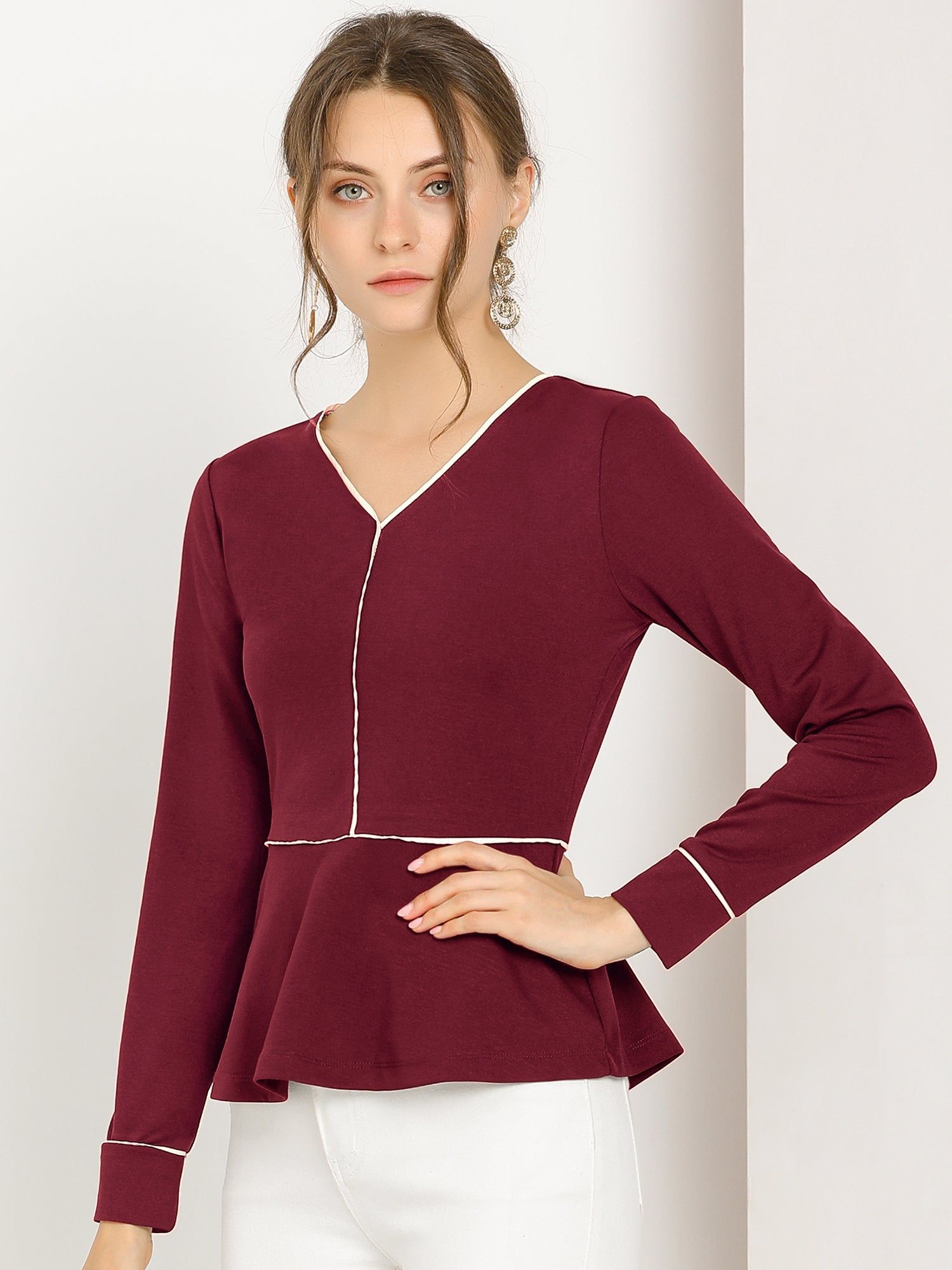 V Neck Long Sleeve Ruffle Hem Peplum Blouse Top sold by Allegra K