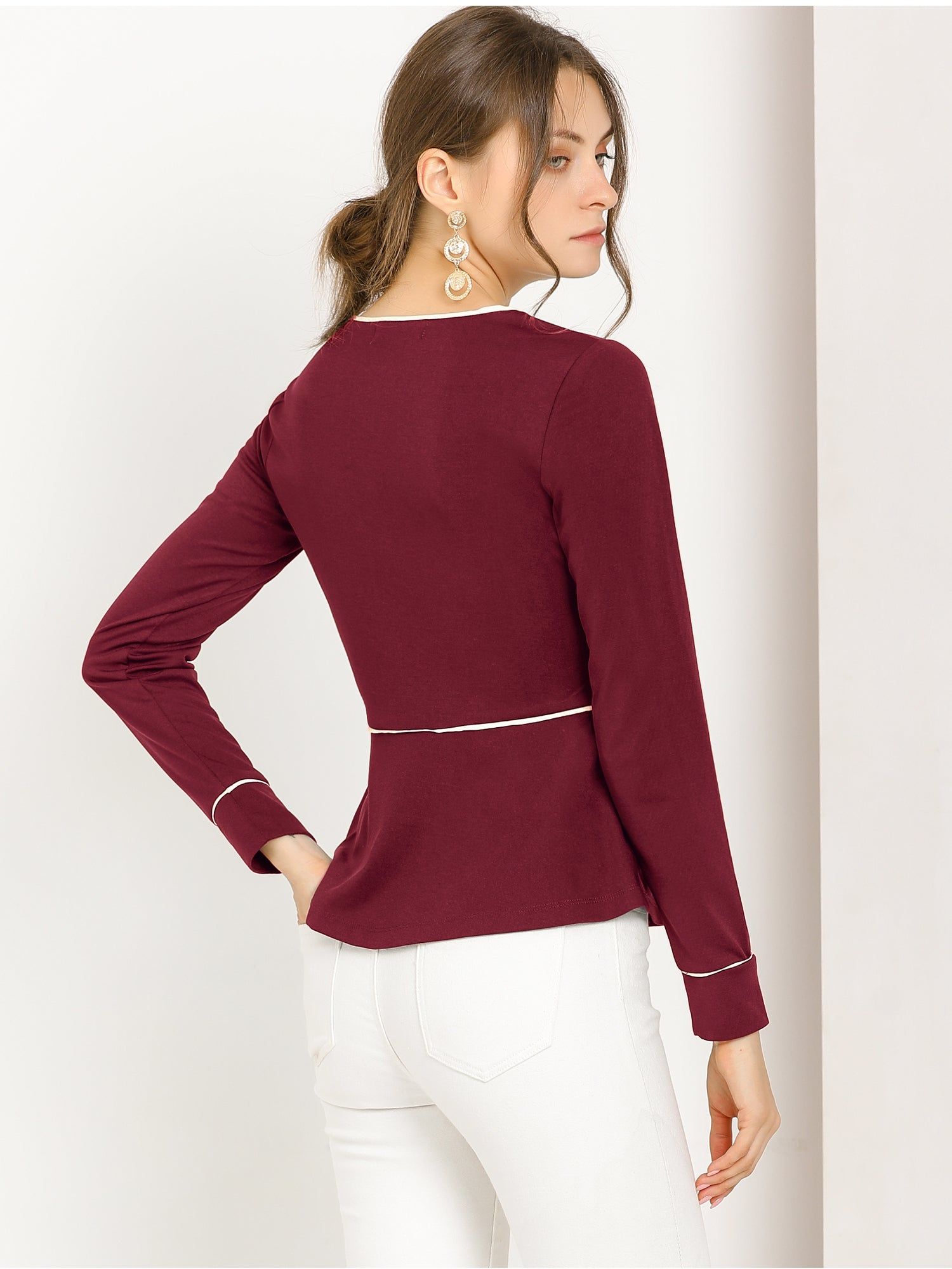 V Neck Long Sleeve Ruffle Hem Peplum Blouse Top sold by Allegra K product image thumbnail 2