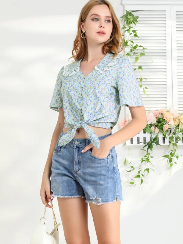Tie Knot Flutter Sleeve Peter Pan Collar Floral Cropped Tops sold by Allegra K