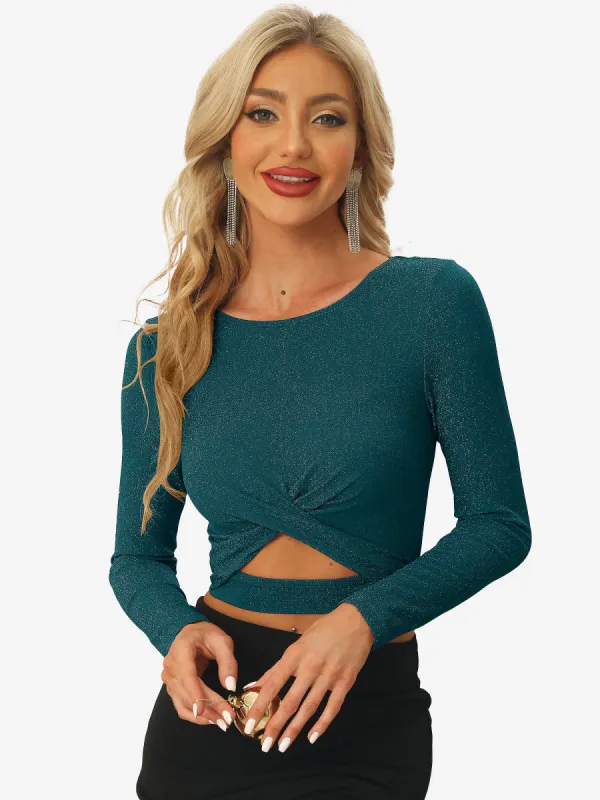 Glitter Twist Long Sleeve Cut Out Sparkle Crop Tops sold by Allegra K