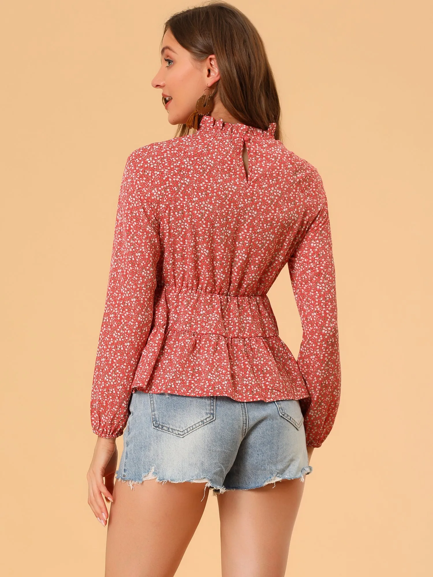 Ruffled Peplum Blouse Top Stand Collar Long Sleeve Floral Shirt sold by Allegra K product image thumbnail 5