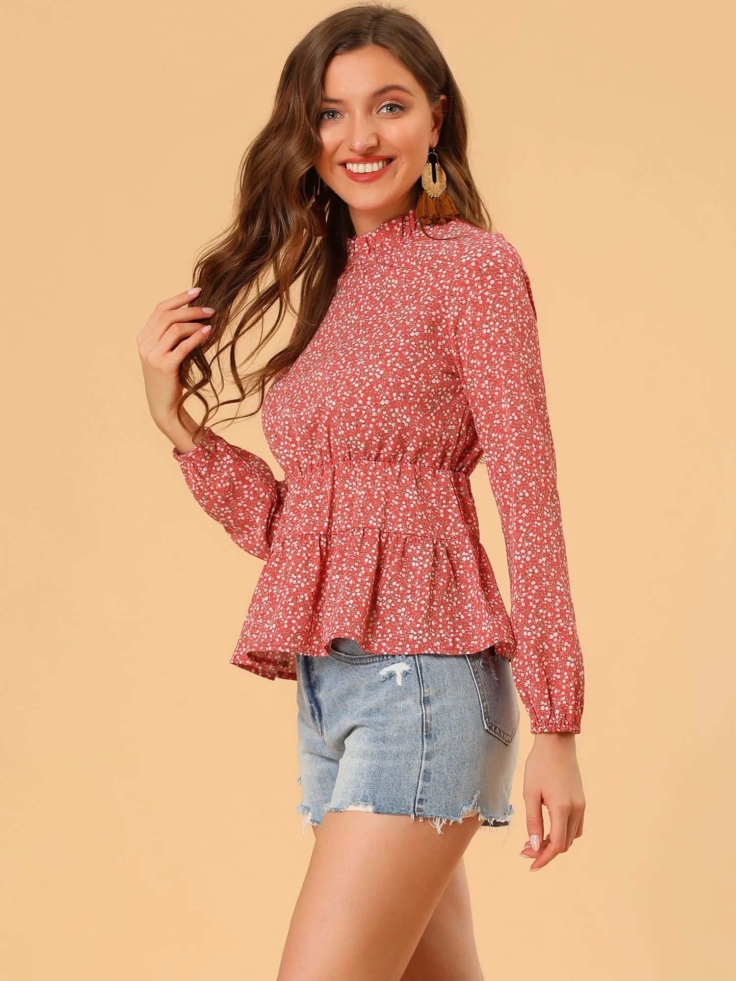 Ruffled Peplum Blouse Top Stand Collar Long Sleeve Floral Shirt sold by Allegra K product image thumbnail 4