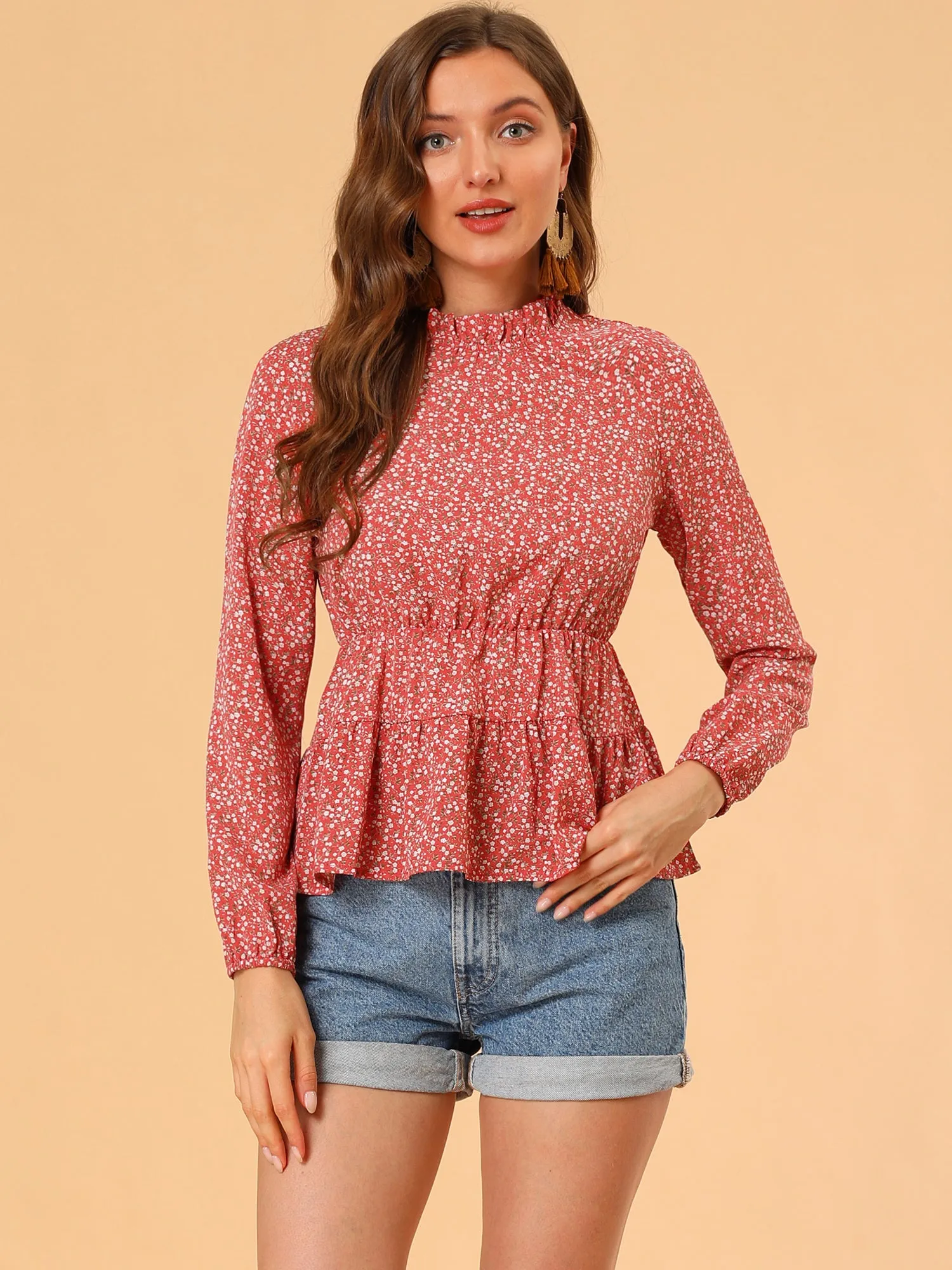 Ruffled Peplum Blouse Top Stand Collar Long Sleeve Floral Shirt sold by Allegra K product image thumbnail 2