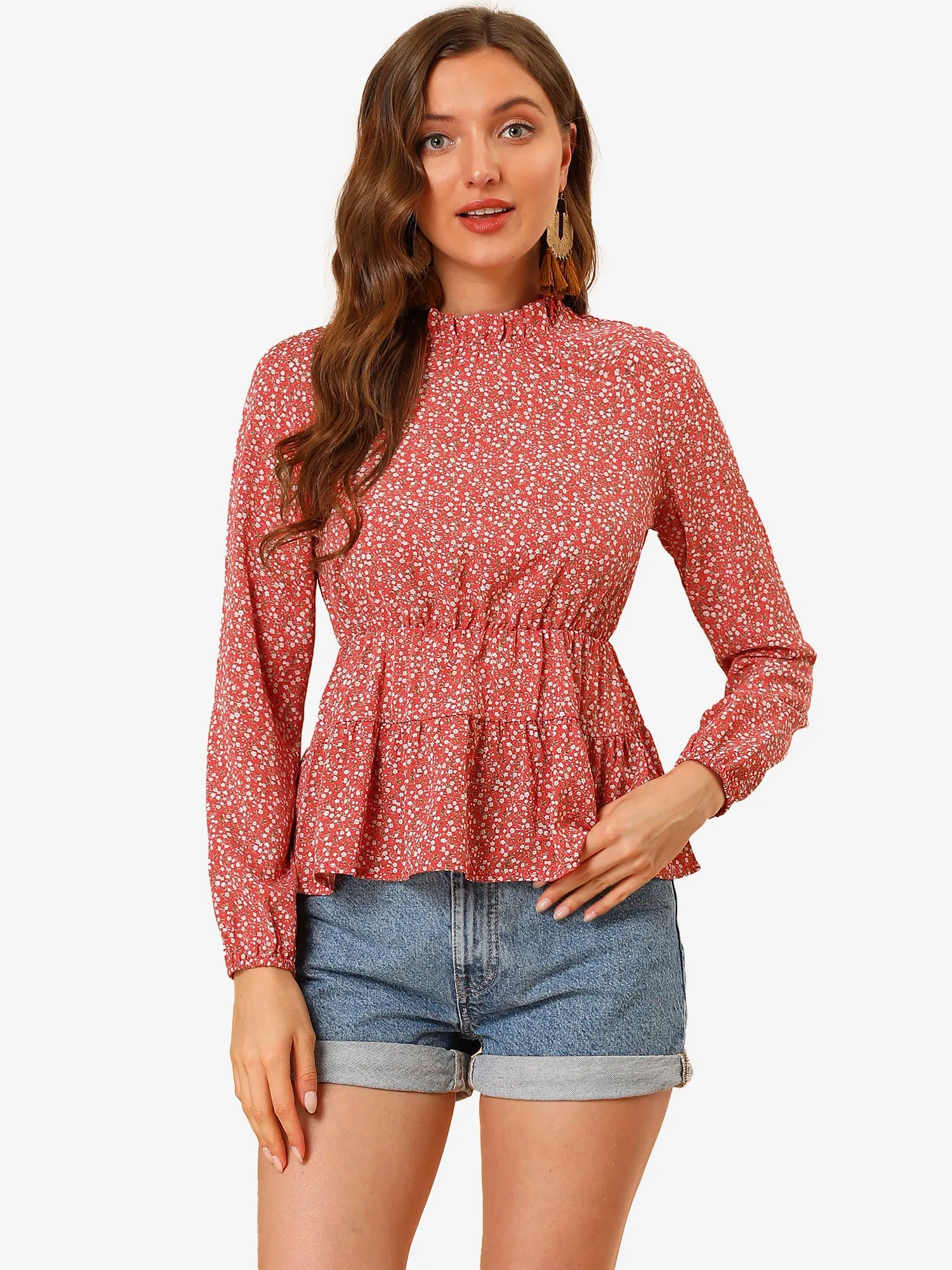 Ruffled Peplum Blouse Top Stand Collar Long Sleeve Floral Shirt sold by Allegra K