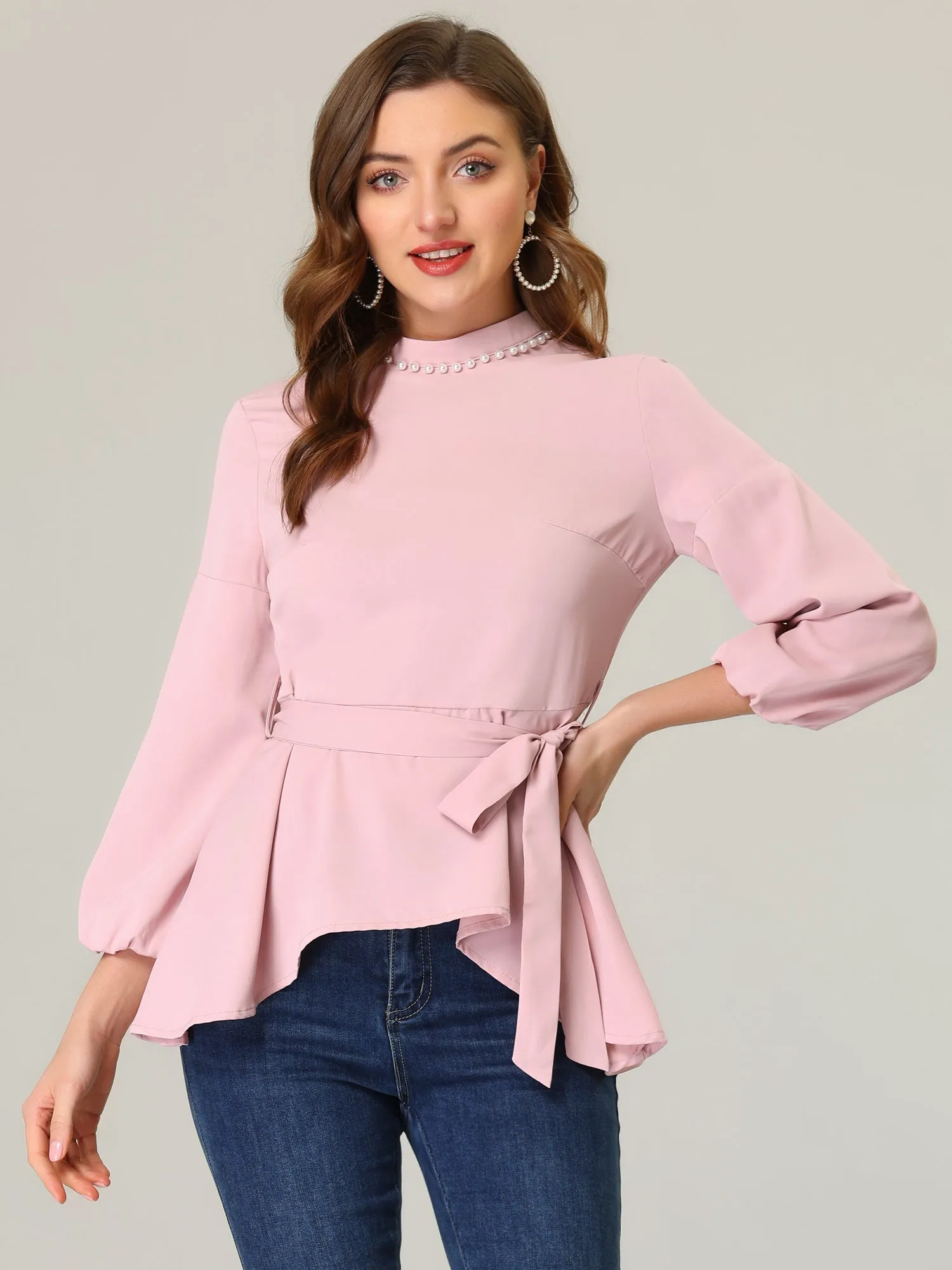 Mock Neck Asymmetrical Ruffle Hem Belted Peplum Chiffon Blouse sold by Allegra K