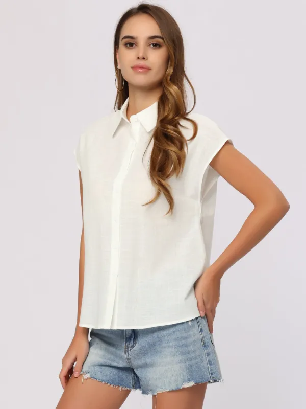 Casual Linen Button Down Cap Sleeve Cotton Collar Blouse sold by Allegra K