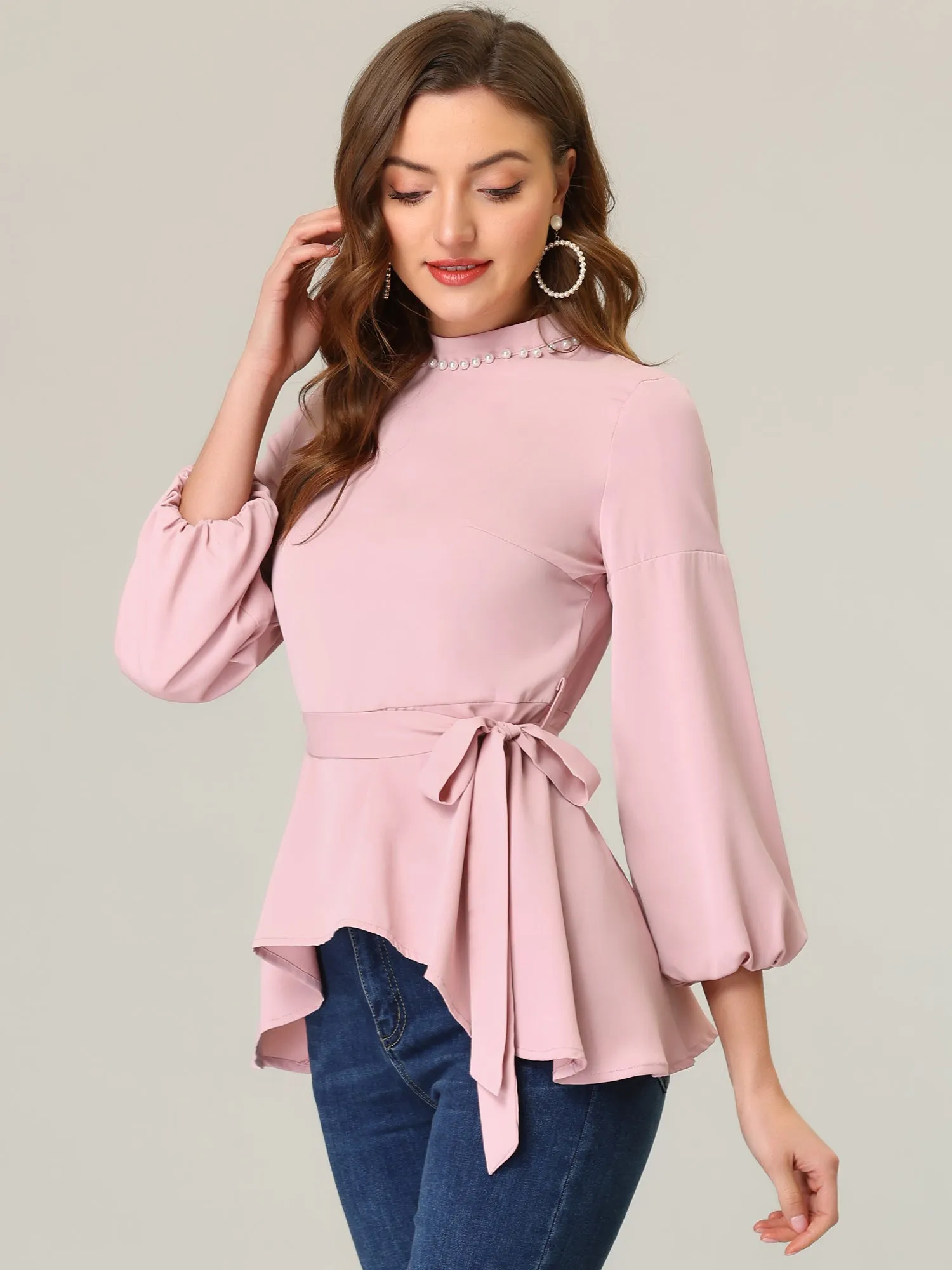 Mock Neck Asymmetrical Ruffle Hem Belted Peplum Chiffon Blouse sold by Allegra K product image thumbnail 2