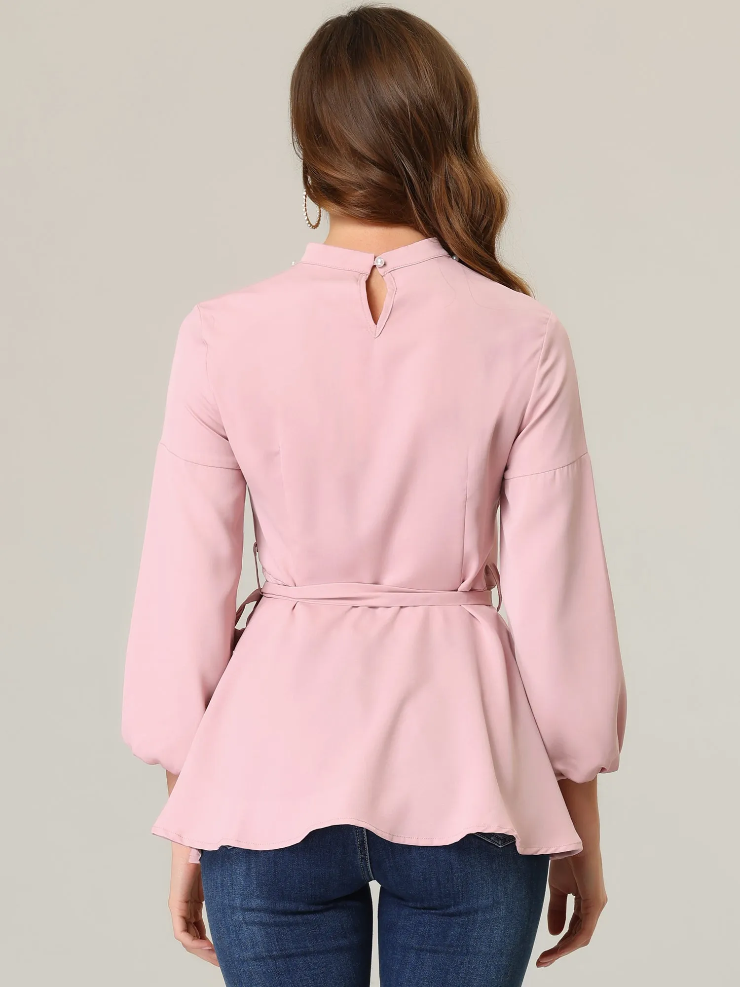 Mock Neck Asymmetrical Ruffle Hem Belted Peplum Chiffon Blouse sold by Allegra K product image thumbnail 3