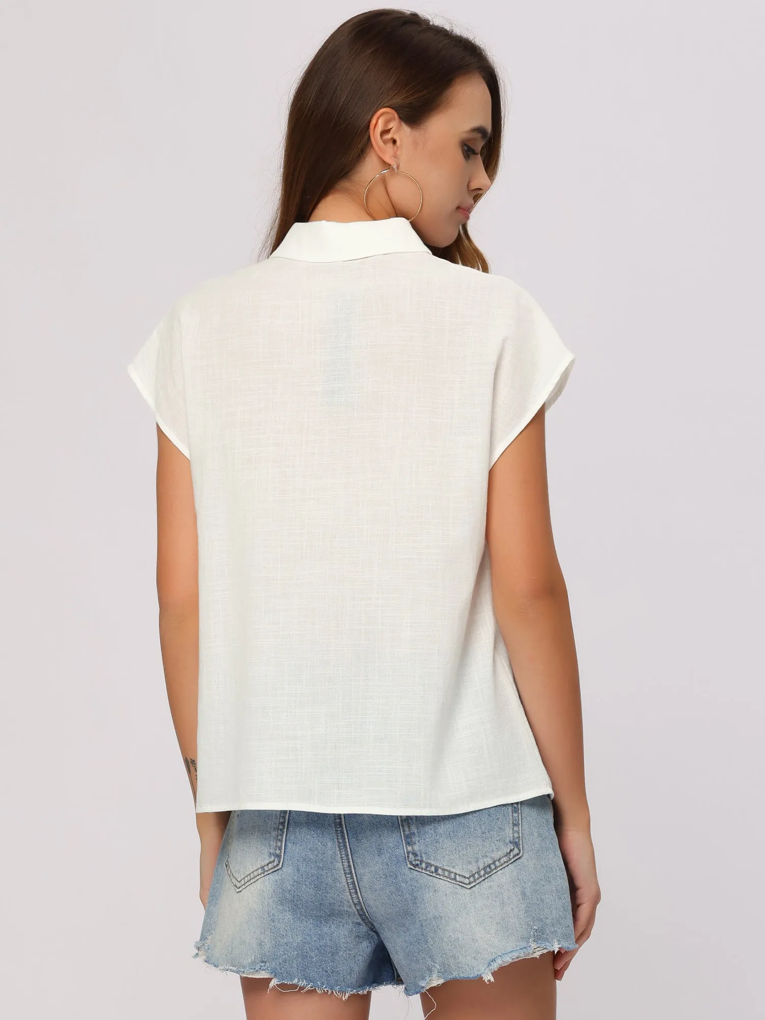 Casual Linen Button Down Cap Sleeve Cotton Collar Blouse sold by Allegra K product image thumbnail 3