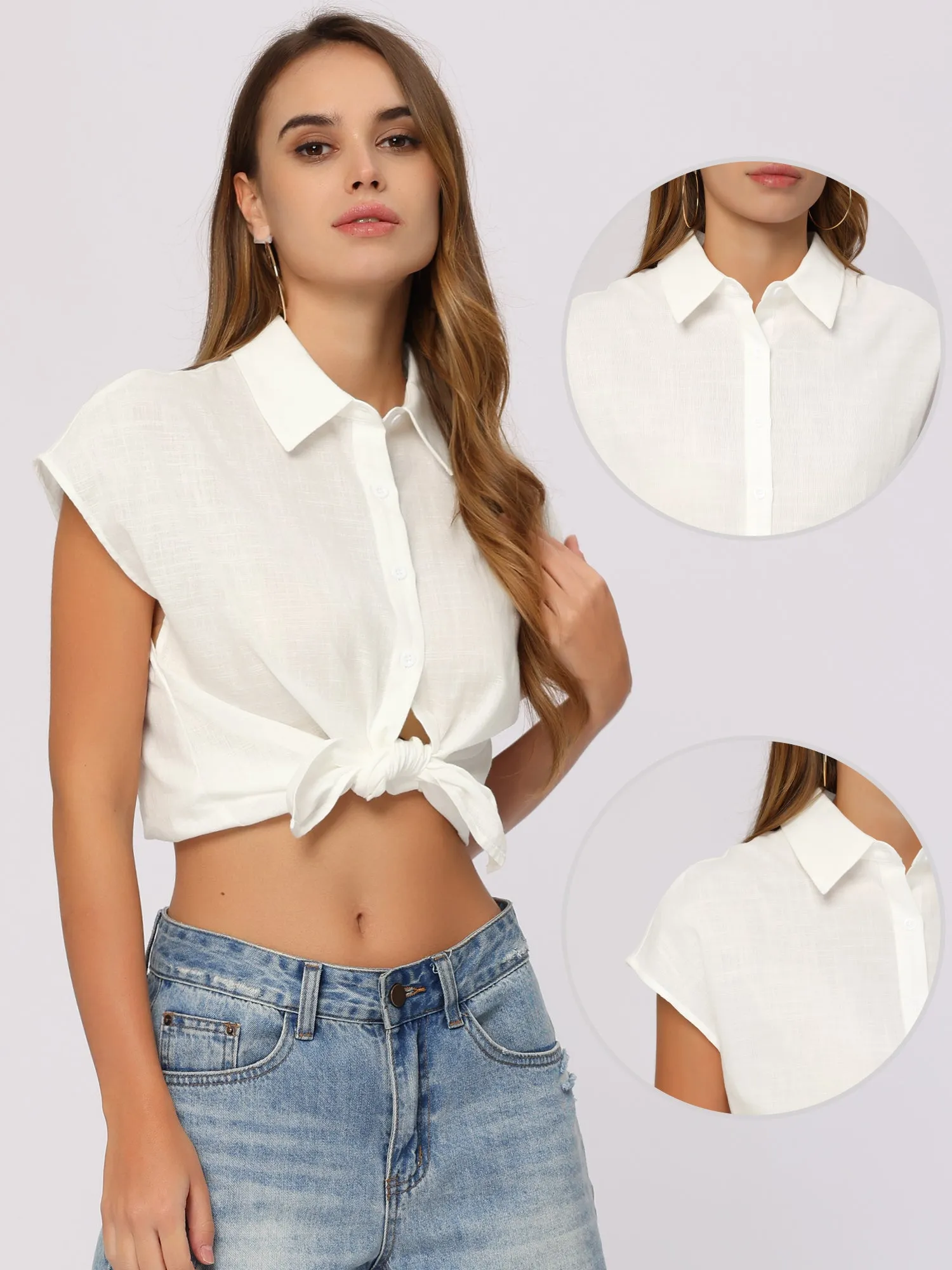 Casual Linen Button Down Cap Sleeve Cotton Collar Blouse sold by Allegra K product image thumbnail 2