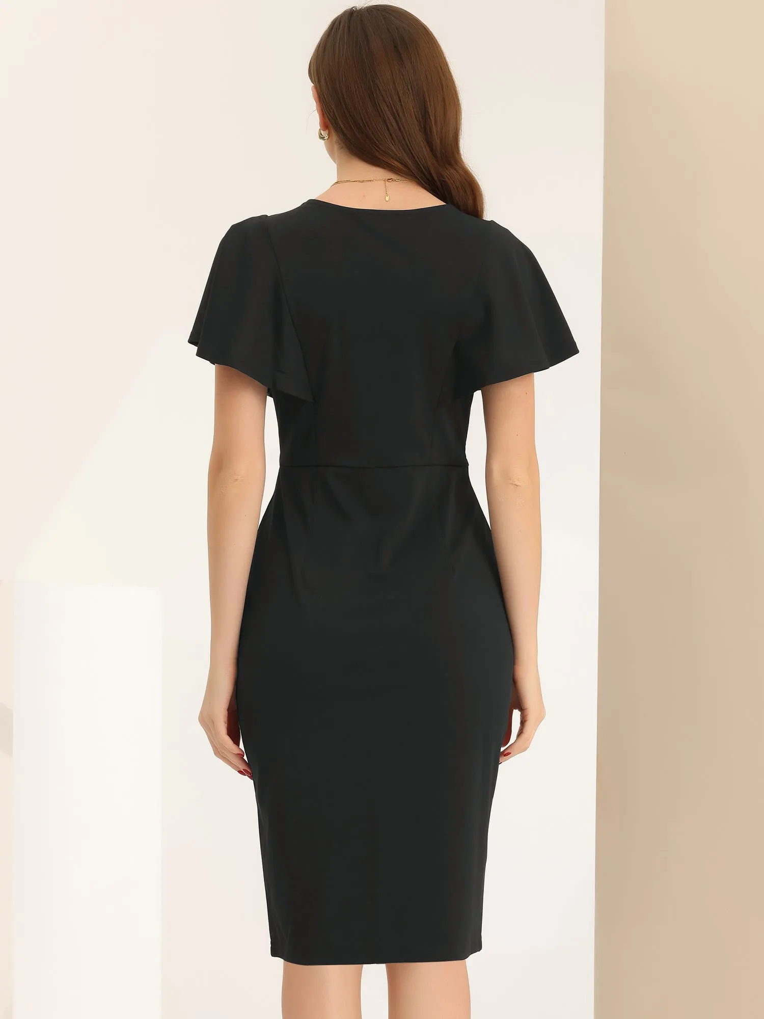 Pencil V Neck Flare Sleeve Wear to Work Sheath Midi Dress sold by Allegra K product image thumbnail 3
