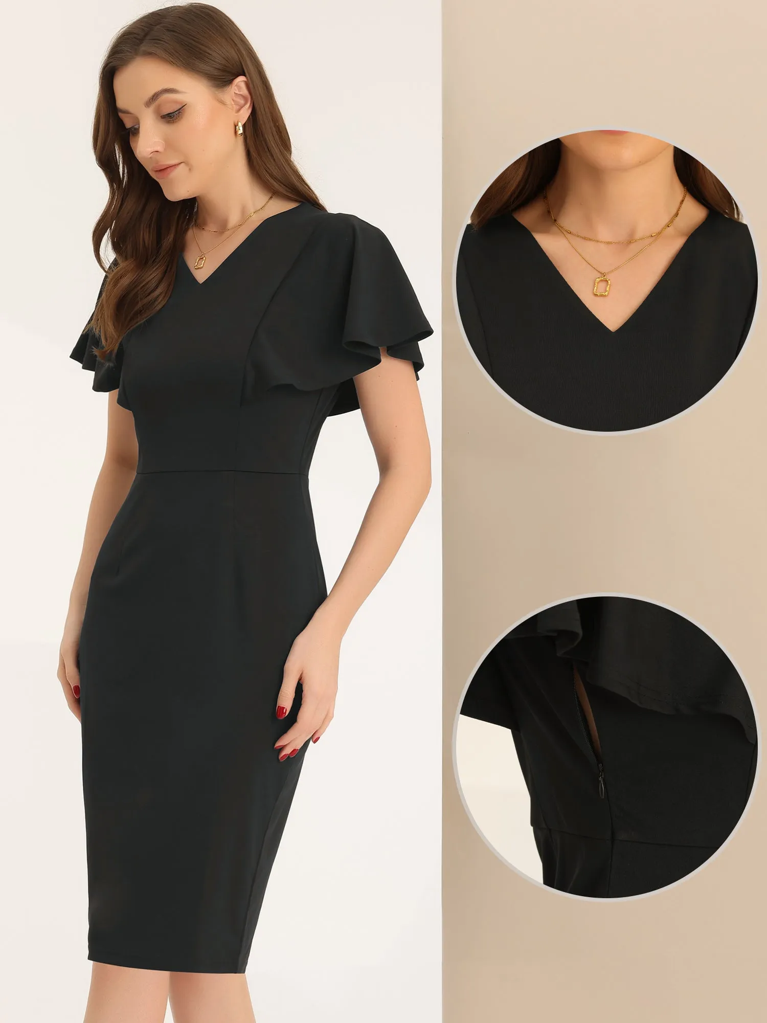 Pencil V Neck Flare Sleeve Wear to Work Sheath Midi Dress sold by Allegra K product image thumbnail 2