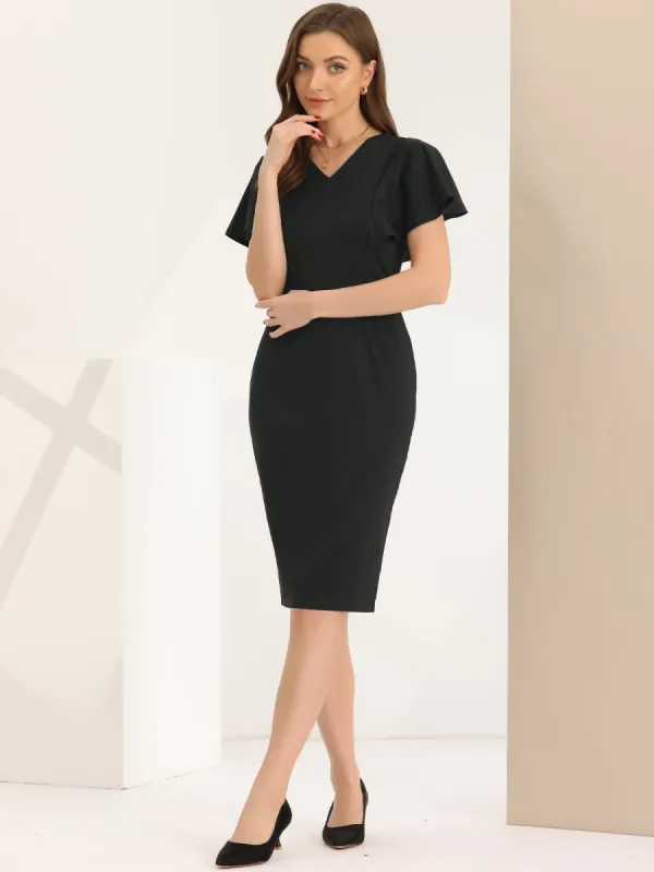 Pencil V Neck Flare Sleeve Wear to Work Sheath Midi Dress sold by Allegra K