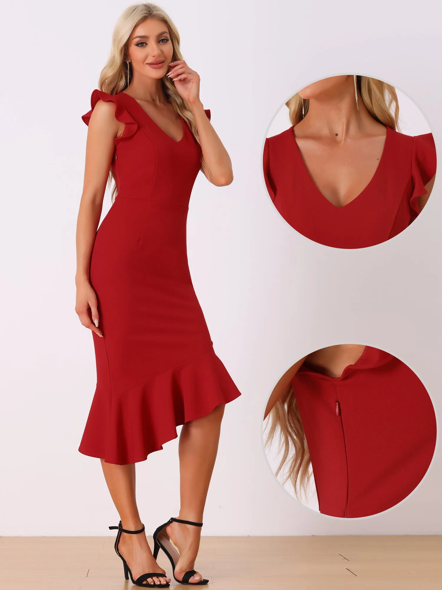 V Neck Ruffle Sleeve Irregular Hem Cocktail Midi Dress sold by Allegra K product image thumbnail 2