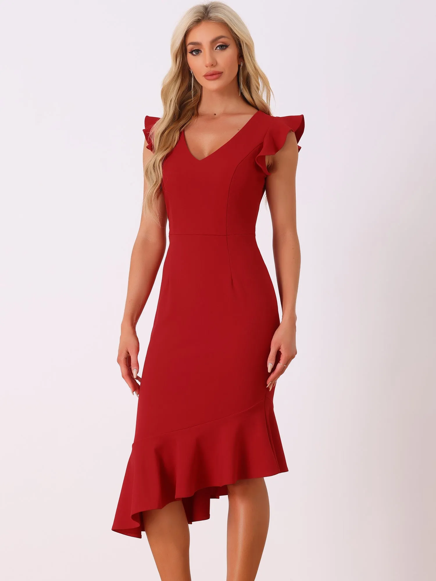V Neck Ruffle Sleeve Irregular Hem Cocktail Midi Dress sold by Allegra K