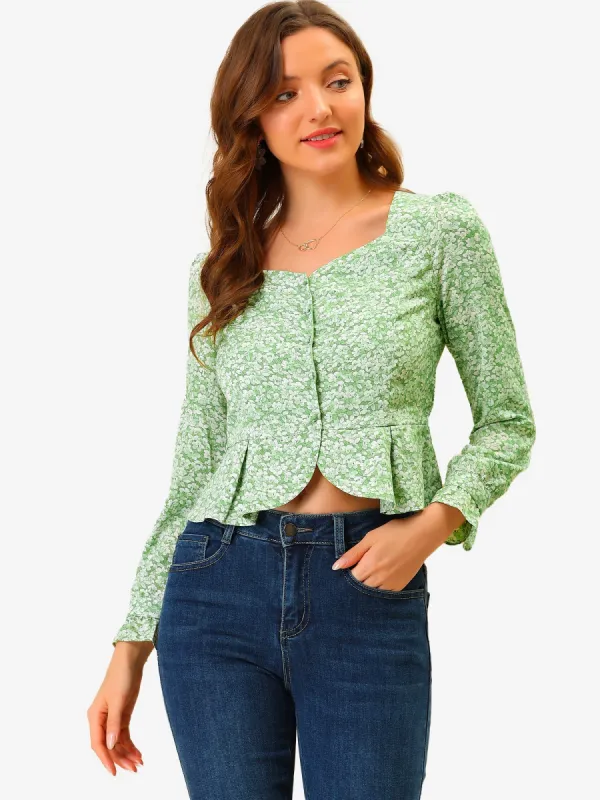 Casual Ditsy Floral Ruffle Long Sleeve Peplum Top sold by Allegra K