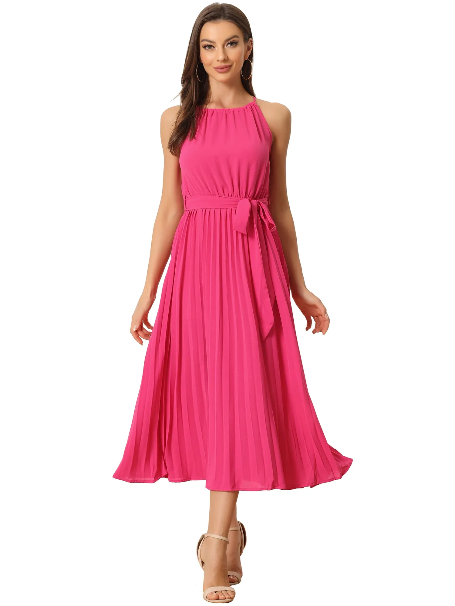 Women's Sleeveless Halter Neck Belted A-Line Cocktail Pleated Dress sold by Allegra K product image thumbnail 4