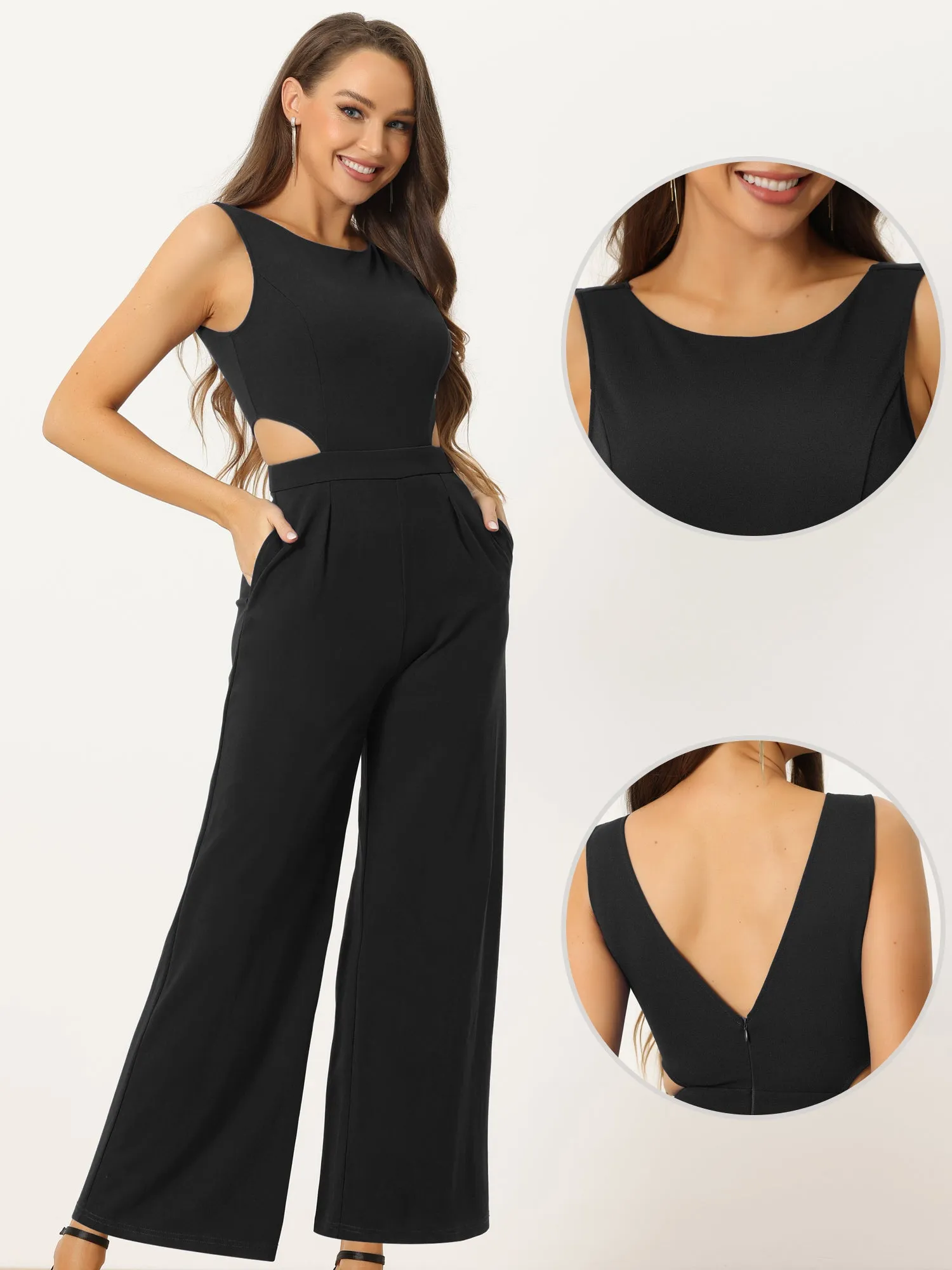 Sleeveless Backless Cutout High Waist Wide Leg Pants Jumpsuits sold by Allegra K product image thumbnail 2