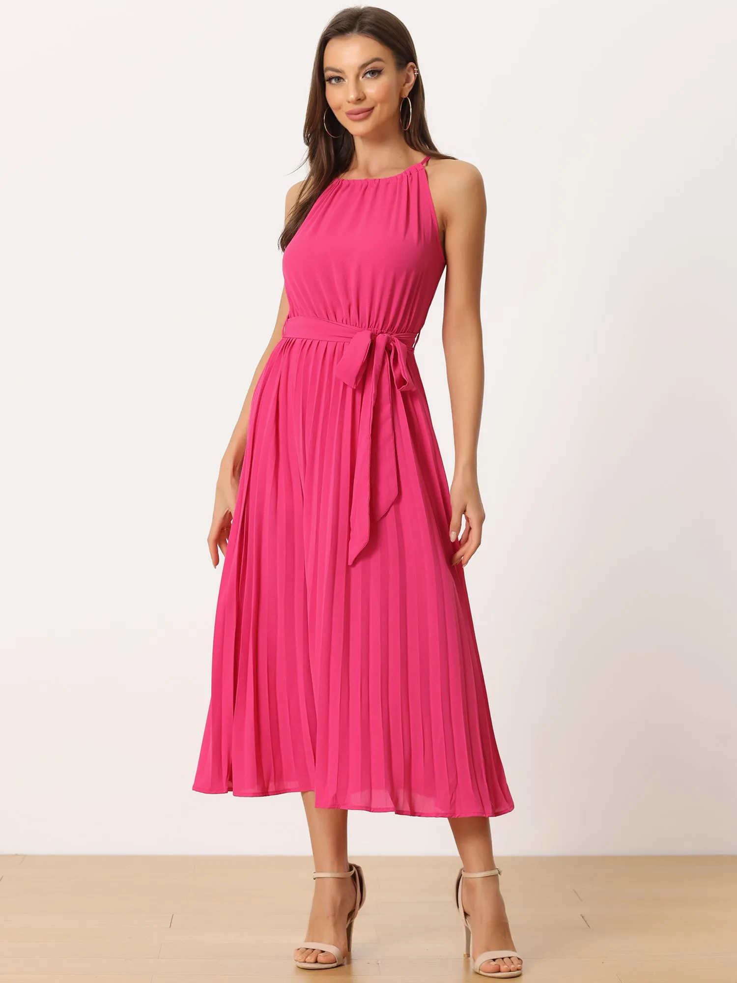 Women's Sleeveless Halter Neck Belted A-Line Cocktail Pleated Dress sold by Allegra K