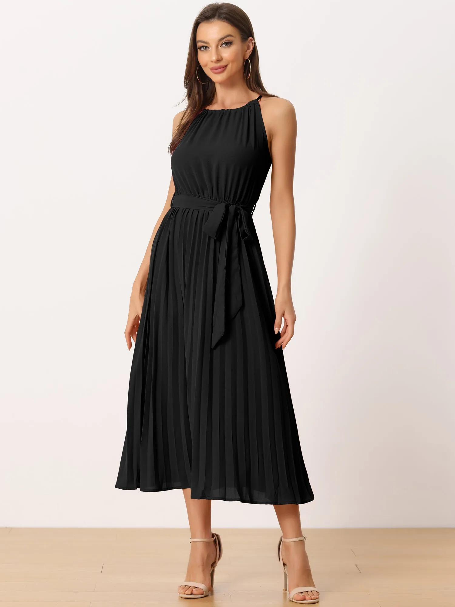 Women's Sleeveless Halter Neck Belted A-Line Cocktail Pleated Dress sold by Allegra K product image thumbnail 5