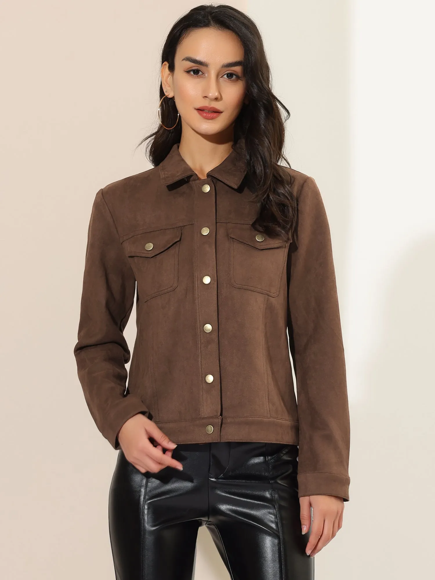Turn-Down Collar Flap Pocket Snap Button Faux Suede Jacket sold by Allegra K product image thumbnail 2