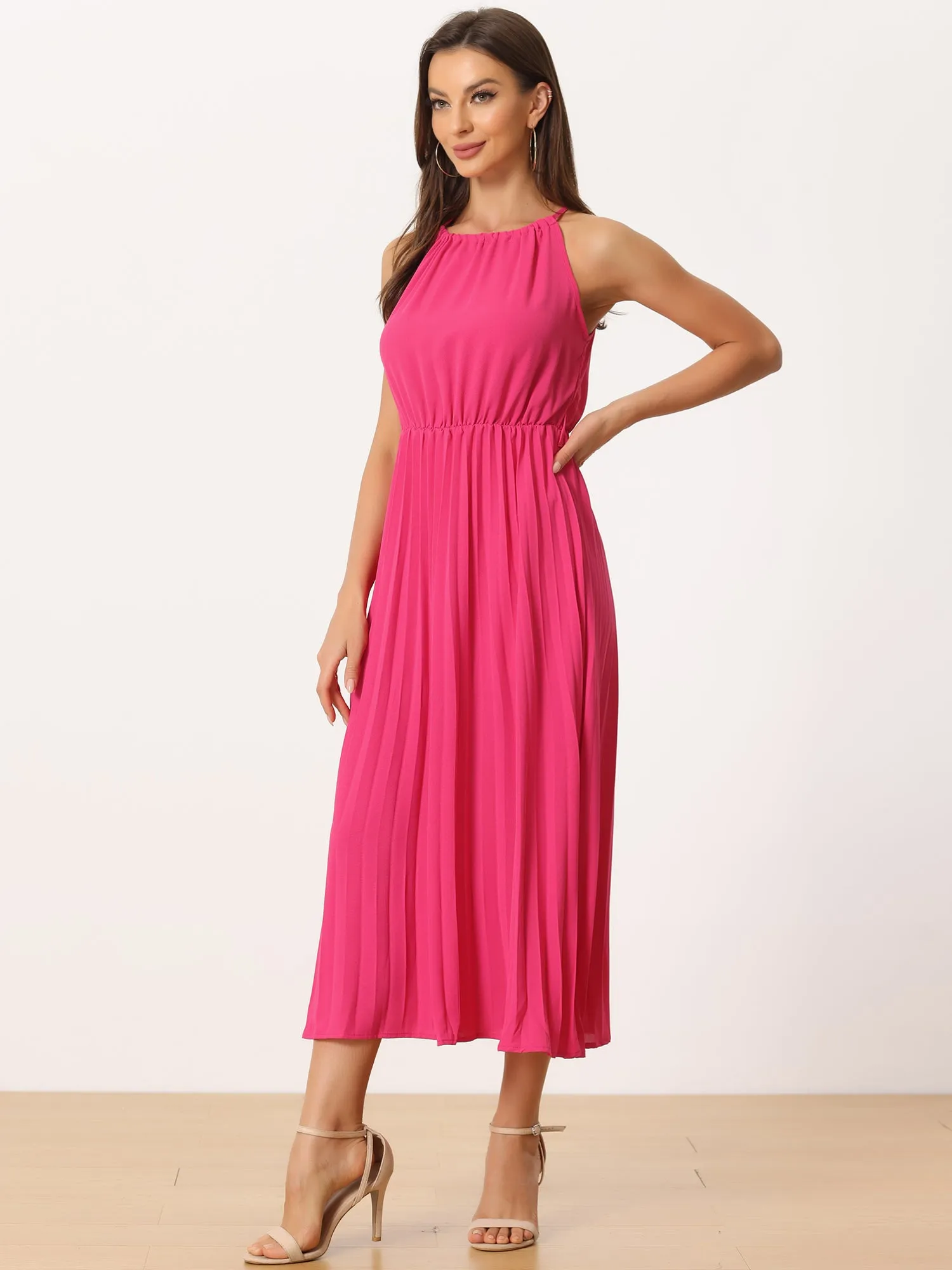 Women's Sleeveless Halter Neck Belted A-Line Cocktail Pleated Dress sold by Allegra K product image thumbnail 2