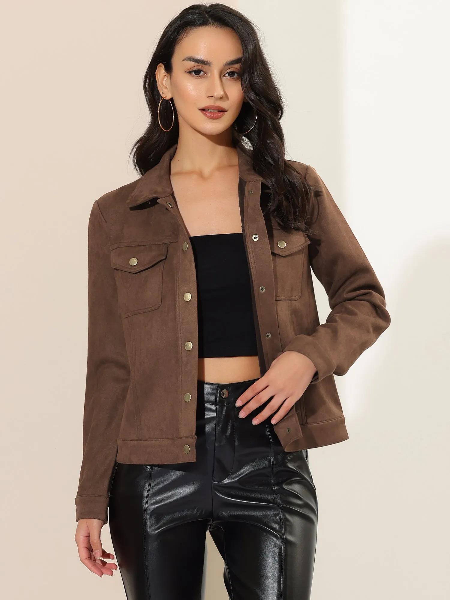Turn-Down Collar Flap Pocket Snap Button Faux Suede Jacket sold by Allegra K