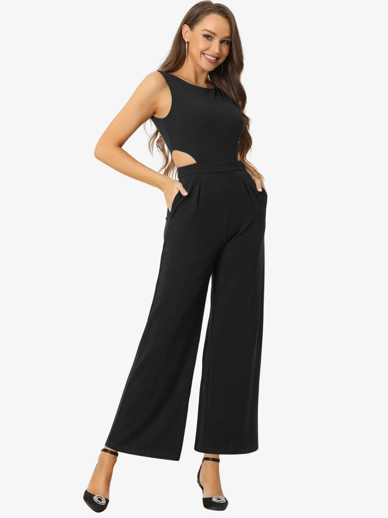 Sleeveless Backless Cutout High Waist Wide Leg Pants Jumpsuits sold by Allegra K