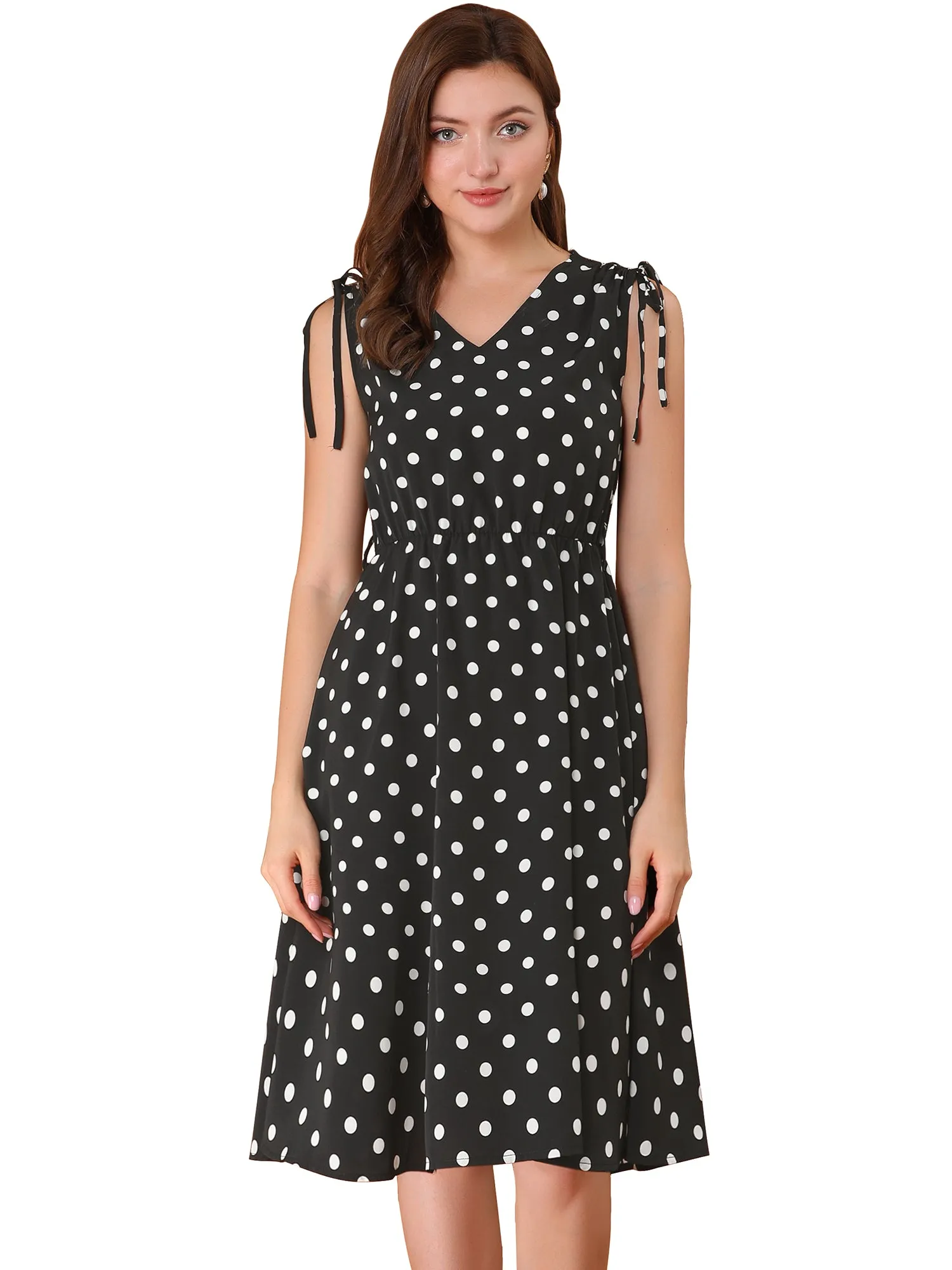 Polka Dots 1950s Vintage V Neck A-Line Sleeveless Midi Dress sold by Allegra K product image thumbnail 4