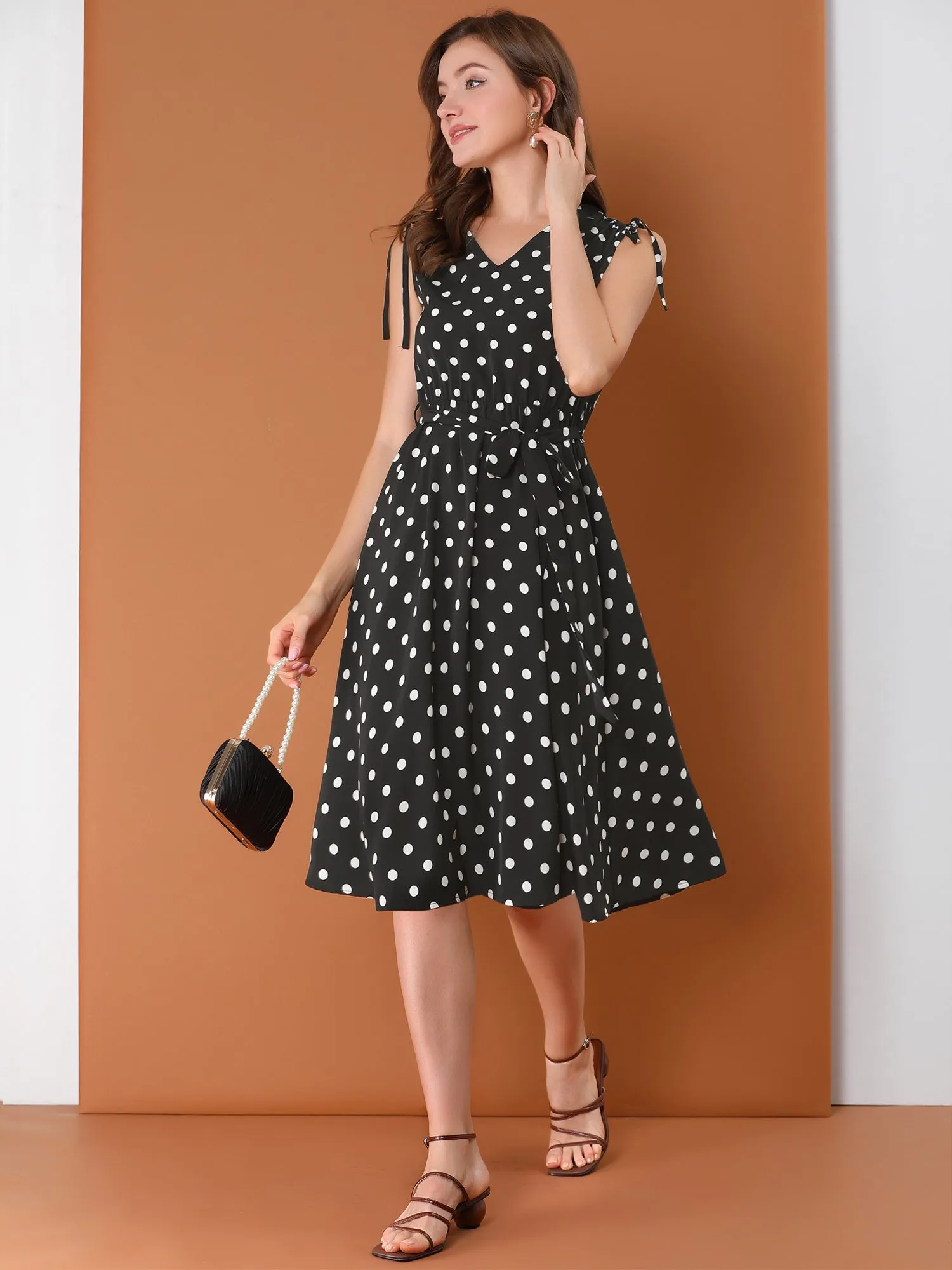 Polka Dots 1950s Vintage V Neck A-Line Sleeveless Midi Dress sold by Allegra K product image thumbnail 3