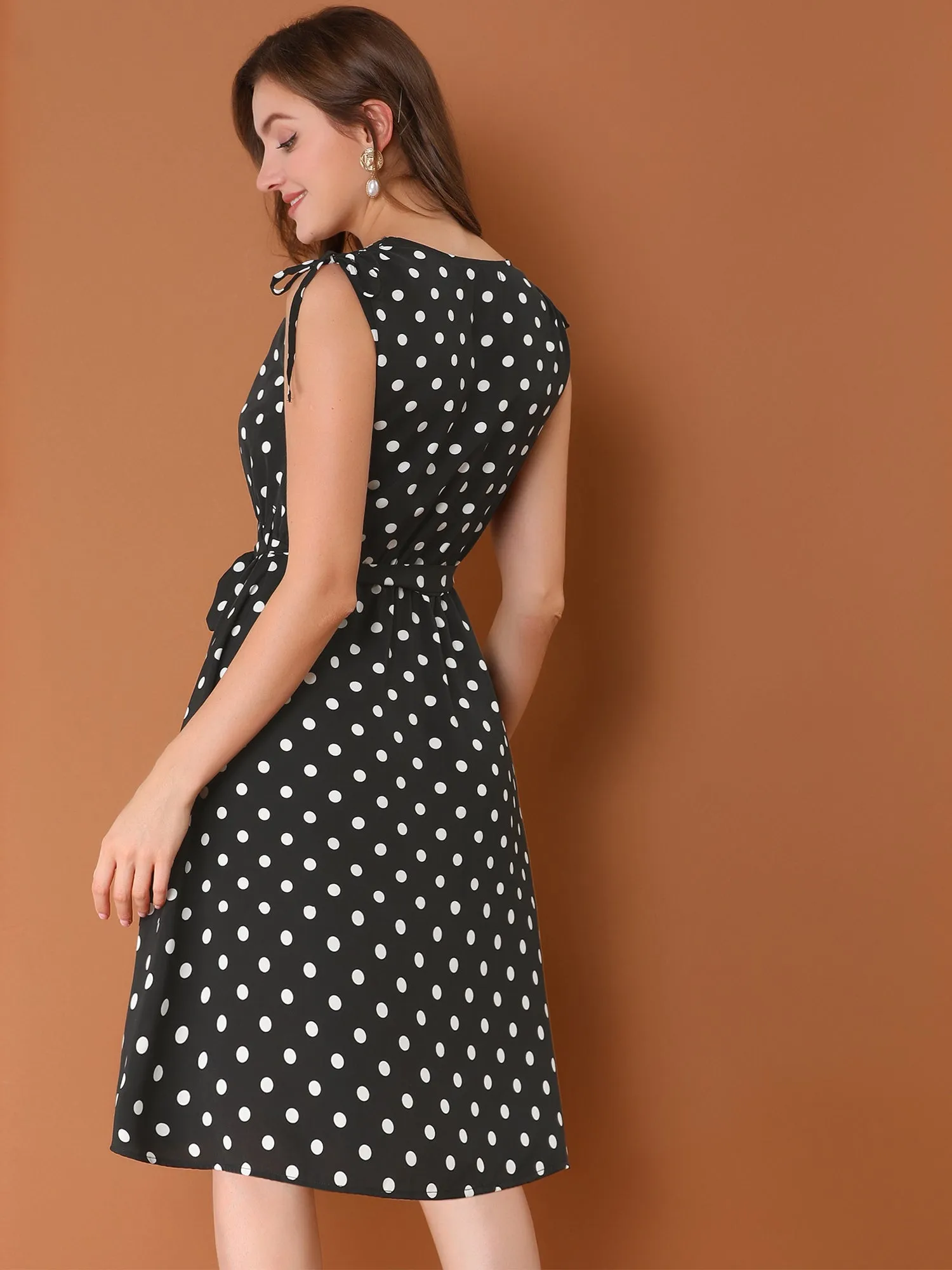 Polka Dots 1950s Vintage V Neck A-Line Sleeveless Midi Dress sold by Allegra K product image thumbnail 5