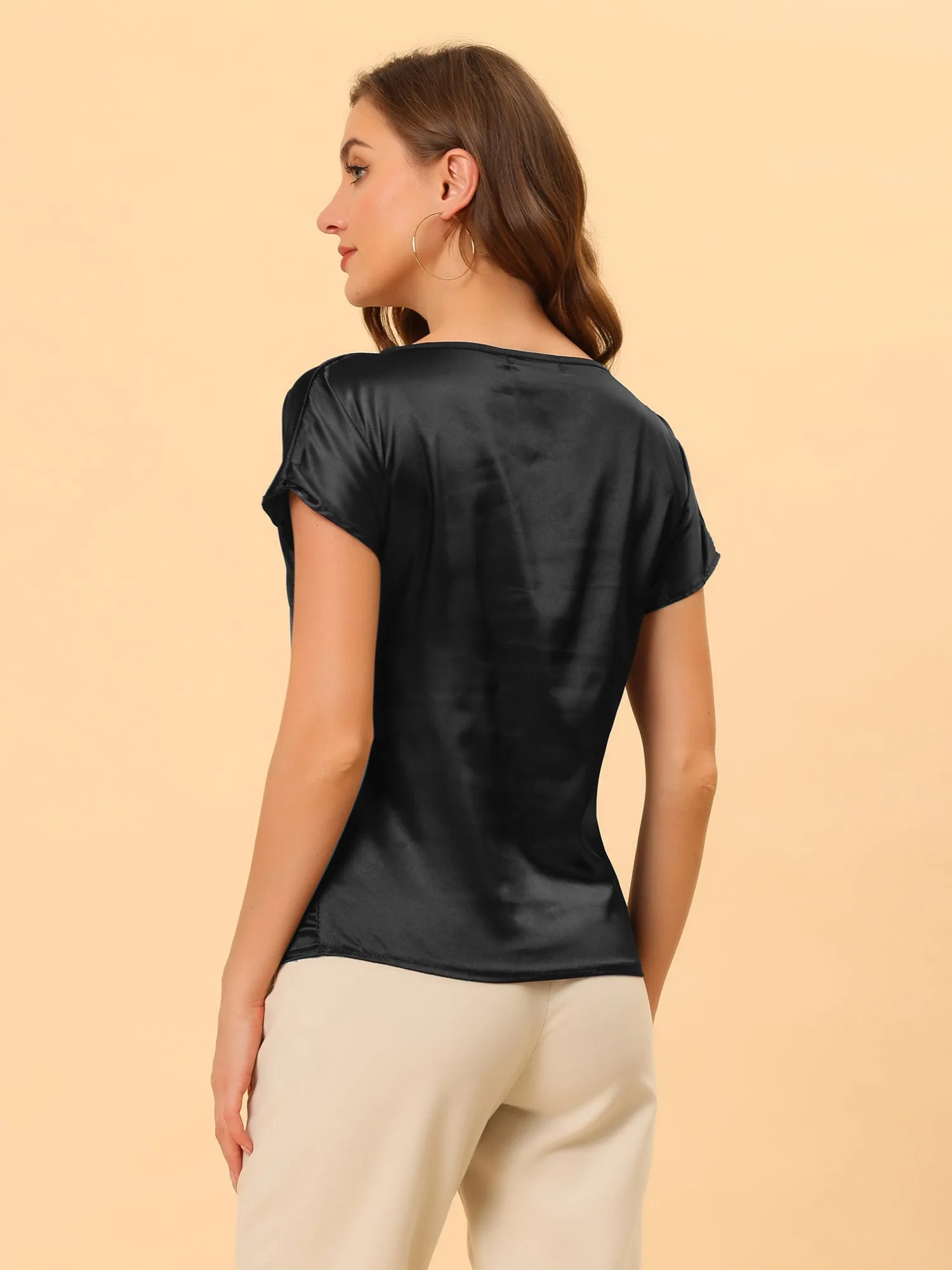 Elegant Satin Tops Short Sleeve Vintage Boat Neck Work Blouse Shirt sold by Allegra K product image thumbnail 4