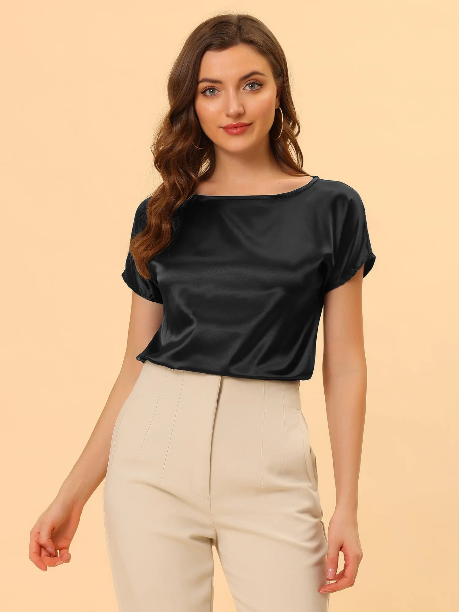 Elegant Satin Tops Short Sleeve Vintage Boat Neck Work Blouse Shirt sold by Allegra K product image thumbnail 2