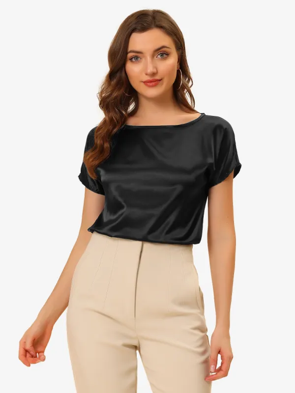 Elegant Satin Tops Short Sleeve Vintage Boat Neck Work Blouse Shirt sold by Allegra K