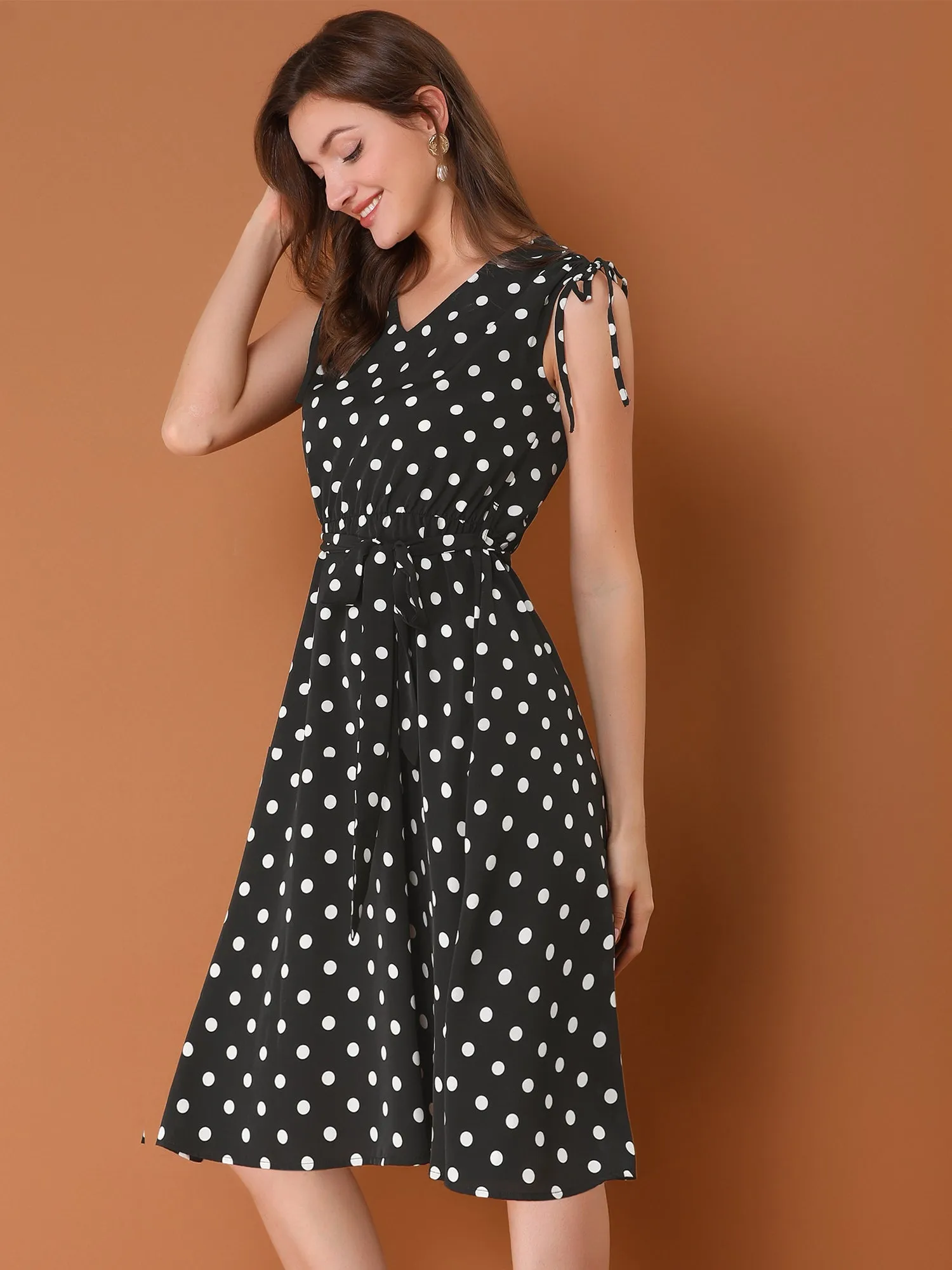 Polka Dots 1950s Vintage V Neck A-Line Sleeveless Midi Dress sold by Allegra K product image thumbnail 2