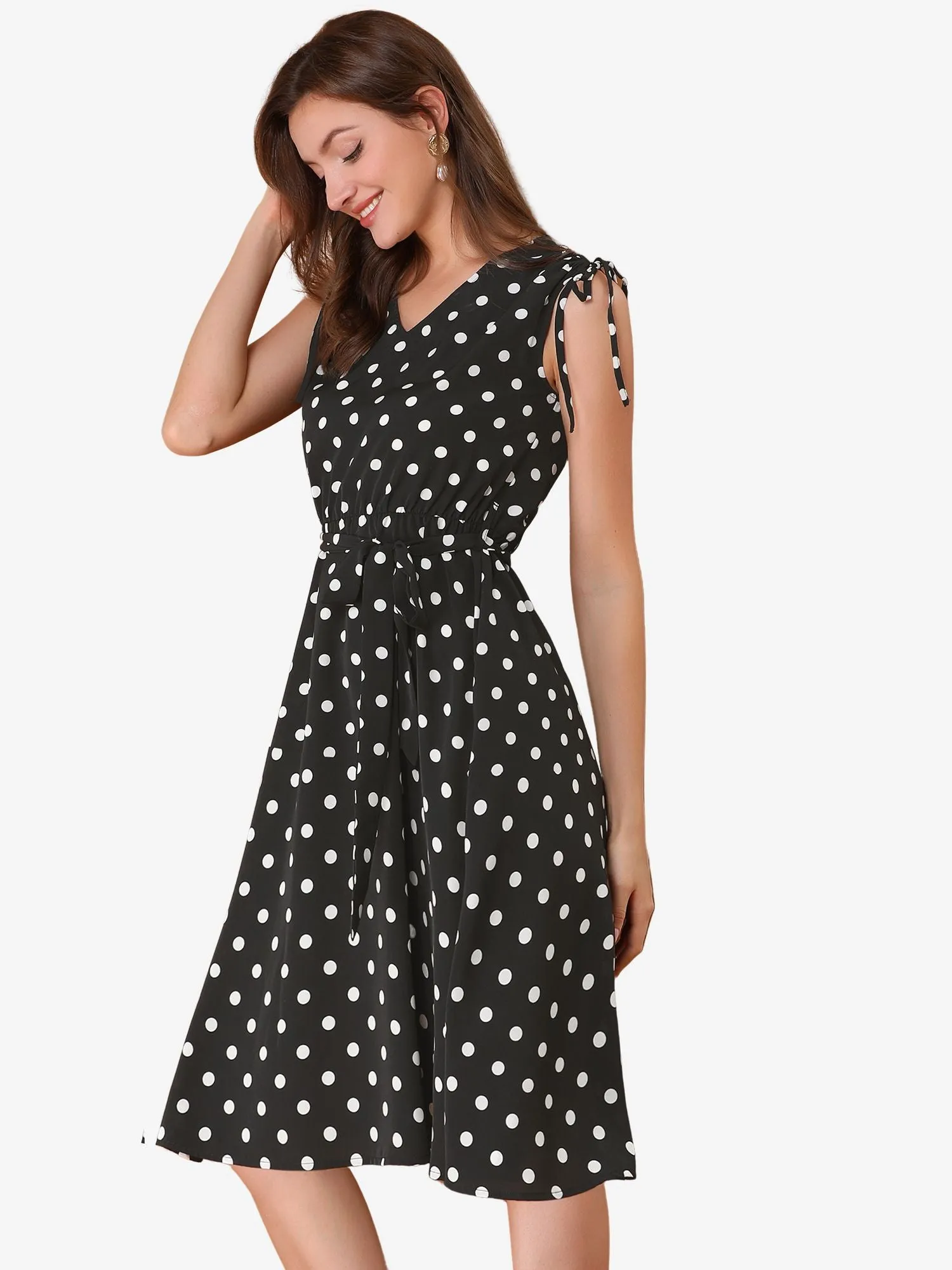 Polka Dots 1950s Vintage V Neck A-Line Sleeveless Midi Dress sold by Allegra K