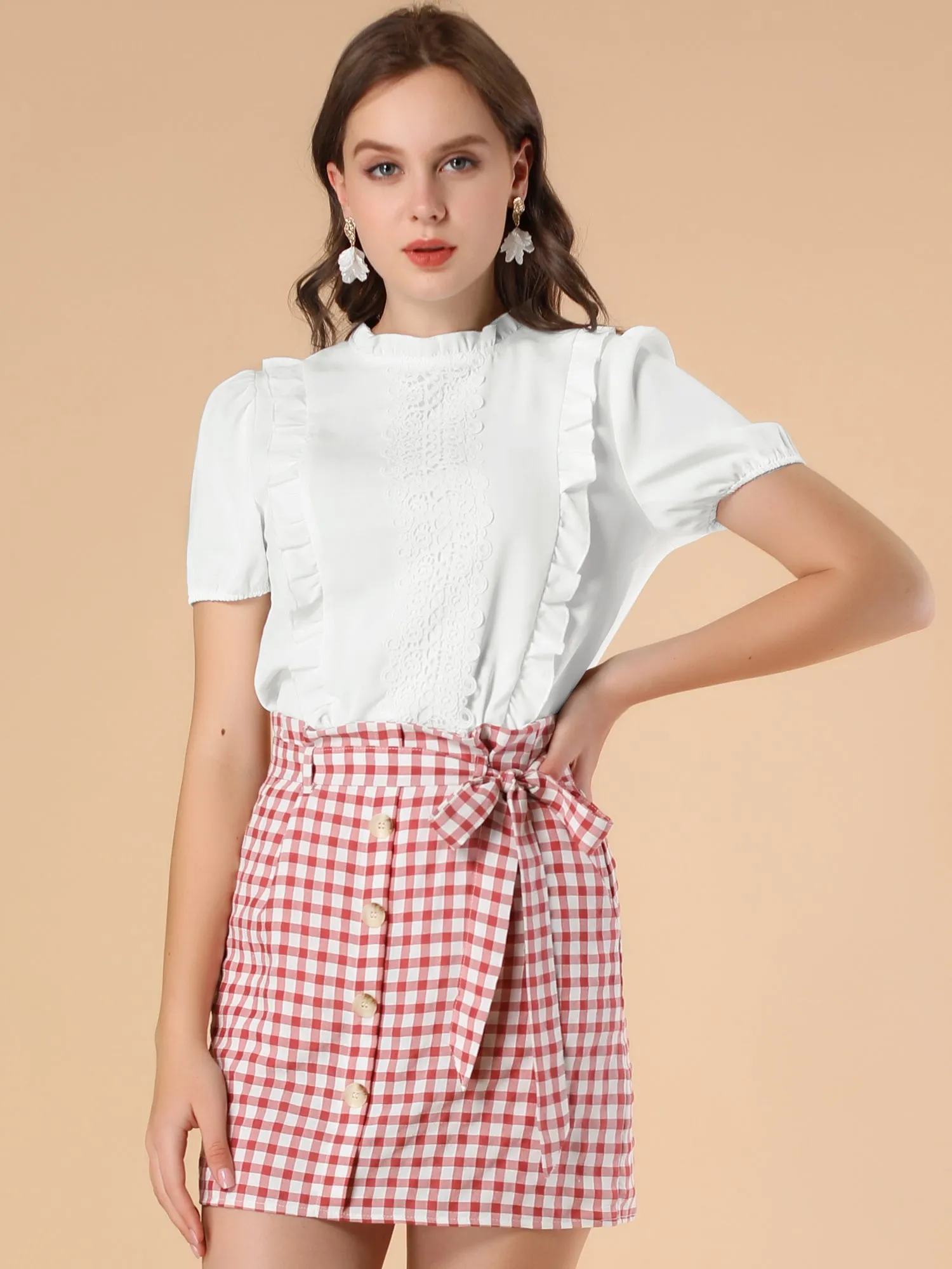 Ruffle Frilled Crochet Lace Panel Mock Neck Short Sleeve Shirt Blouse sold by Allegra K