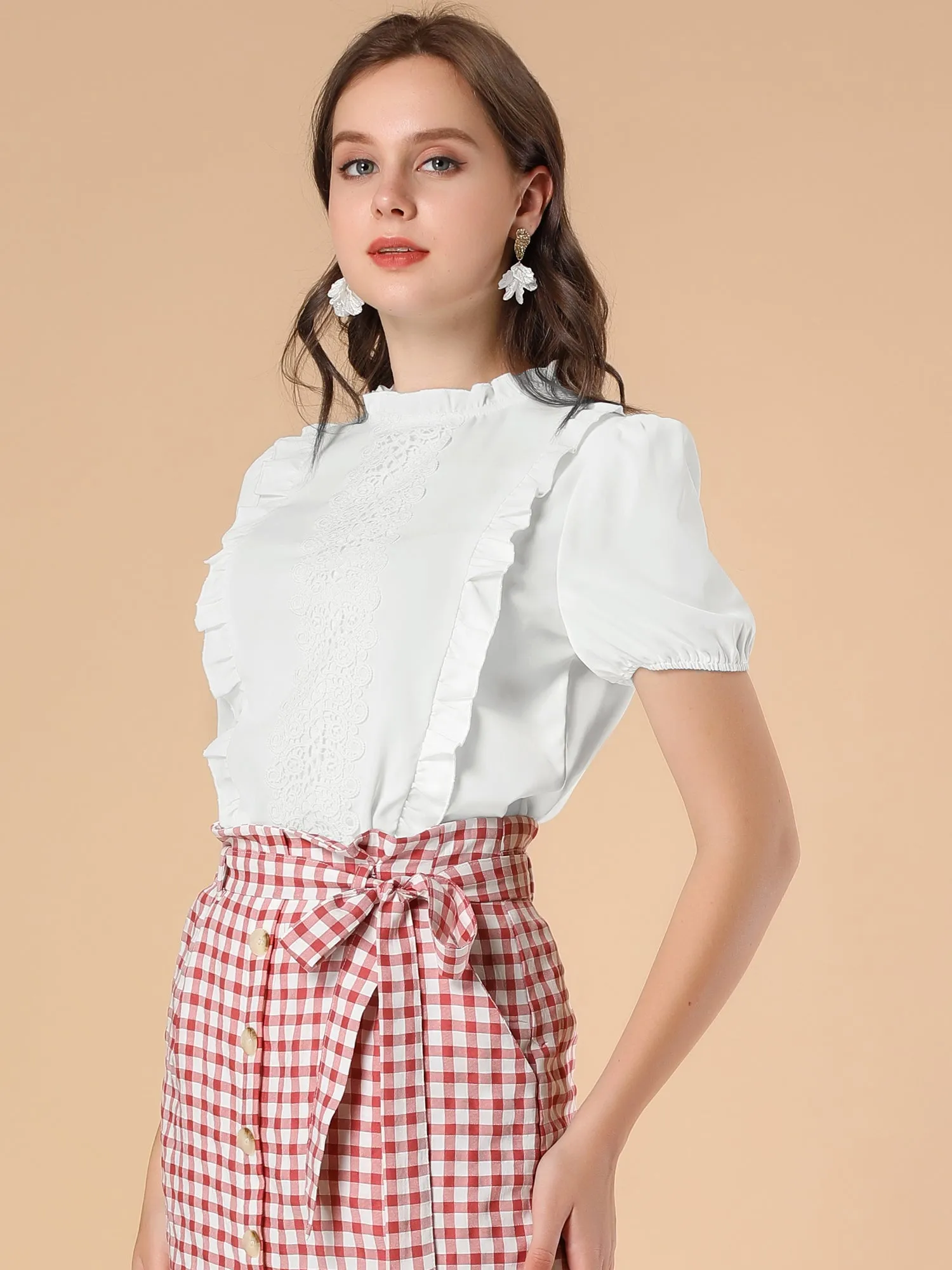 Ruffle Frilled Crochet Lace Panel Mock Neck Short Sleeve Shirt Blouse sold by Allegra K product image thumbnail 3
