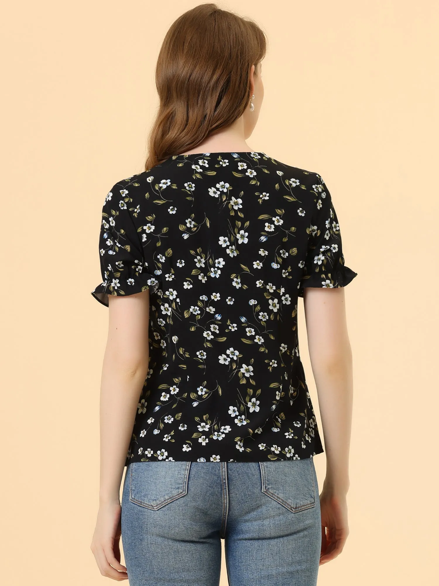 Floral Vintage Ruffled Short Sleeve Peter Pan Blouse sold by Allegra K product image thumbnail 4