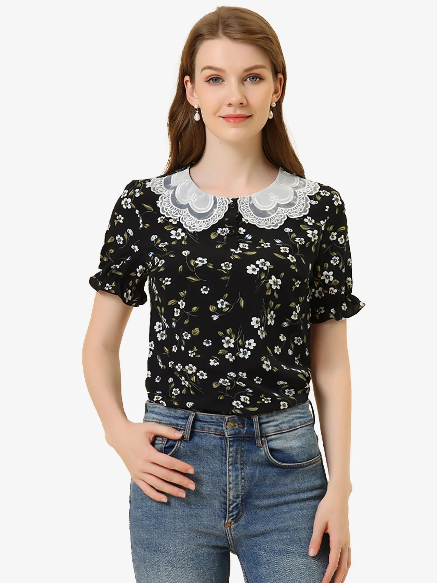 Floral Vintage Ruffled Short Sleeve Peter Pan Blouse sold by Allegra K