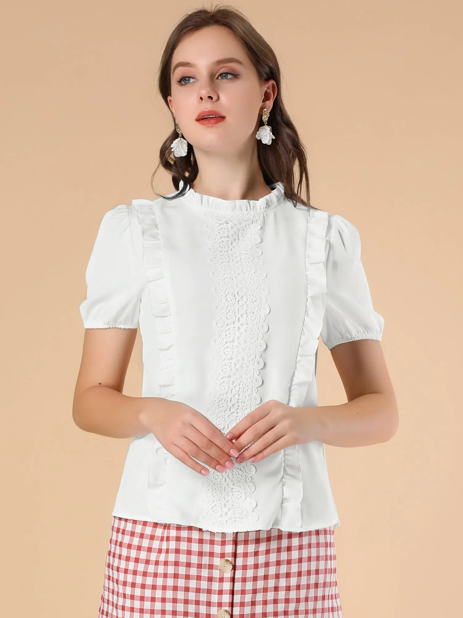 Ruffle Frilled Crochet Lace Panel Mock Neck Short Sleeve Shirt Blouse sold by Allegra K product image thumbnail 4